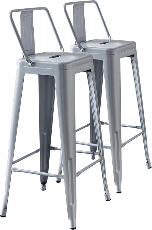 AC Pacific 30” Metal Barstool Set of 2 – Country Rustic Style with Low Back, Lightweight & Sturdy Build, Easy Assembly – Matte Silver