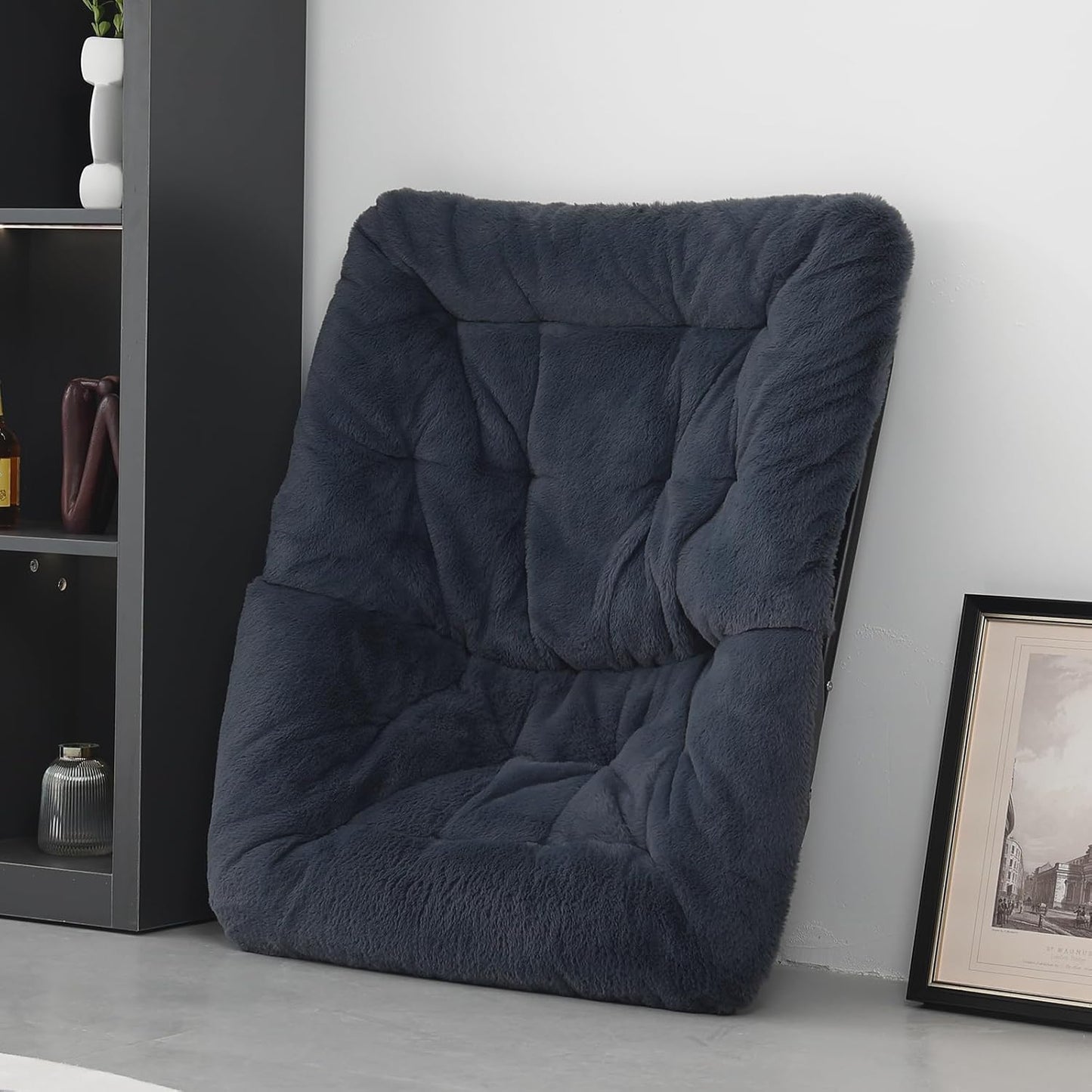 Saucer Chair with Ottoman, Comfy Doorm Chairs, Oversized Folding Faux Fur Chair, Foldable Metal Frame Chair for Bedroom, Living Room(Navy Blue)