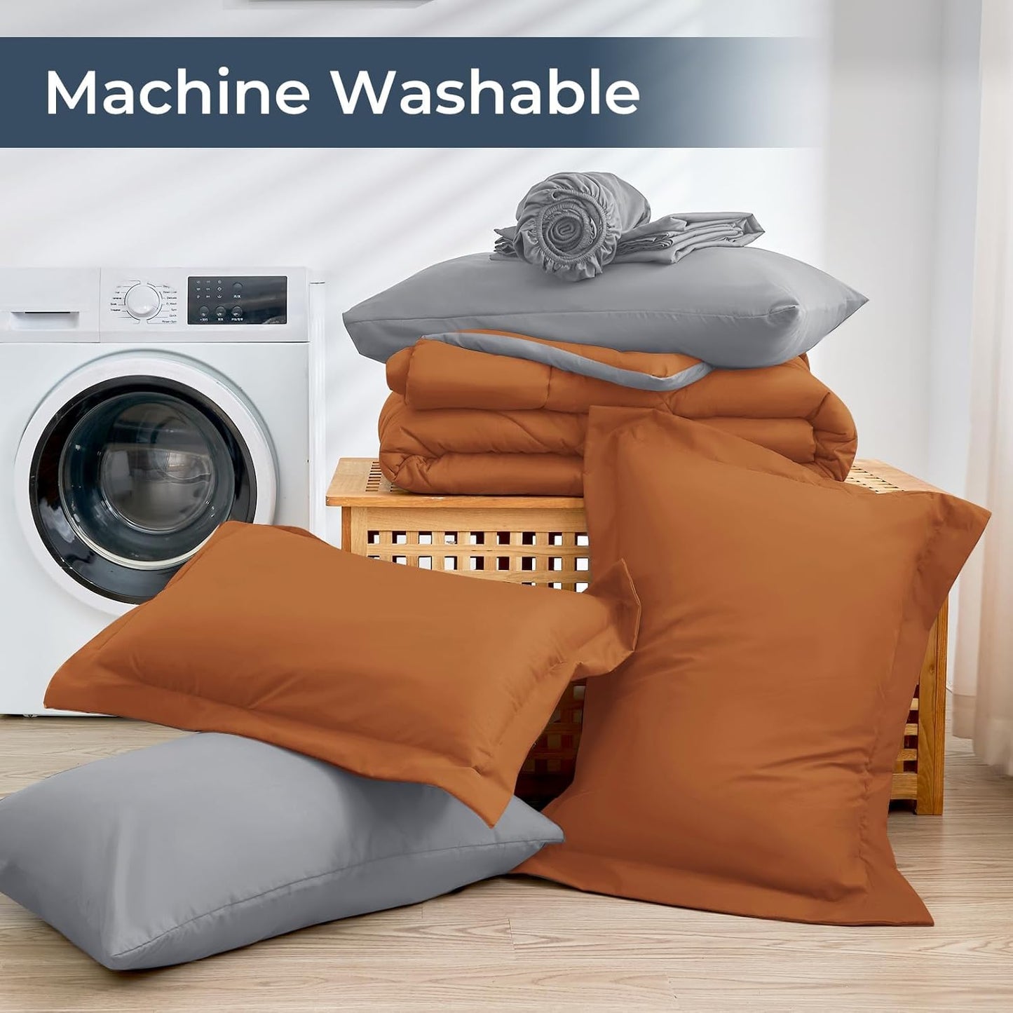 HEVUMYI Queen Comforter Set - 7-Piece All Season Bed in a Bag Queen, Ultra Soft Bedding Set with Comforter, Flat Sheet, Fitted Sheet, Pillowcases, Pillow Shams, Orange & Light Grey