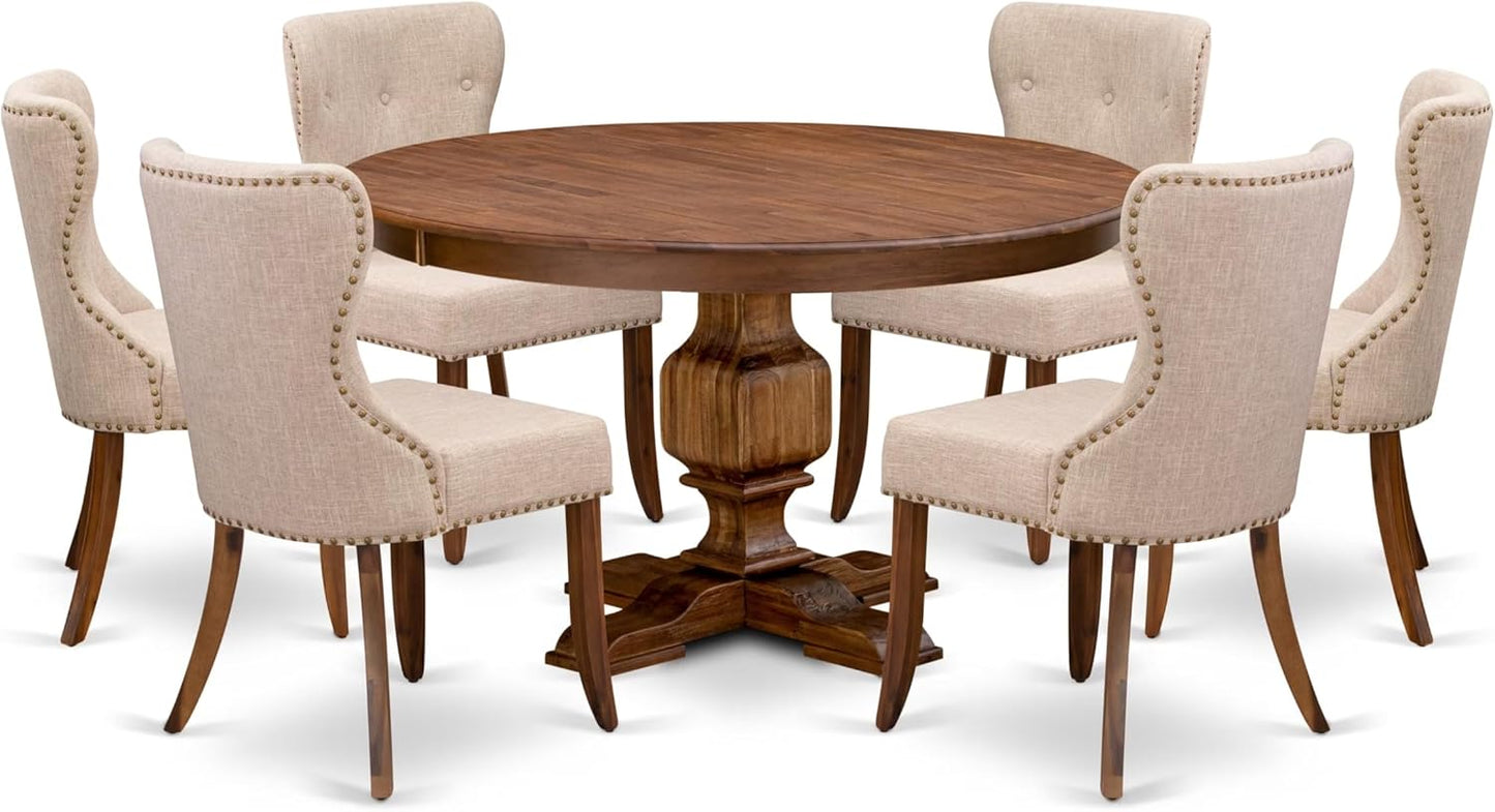 F3SI7-50N-04 7-Pc Kitchen Table Set consists of a Pedestal Table and 6 Light Tan Polyester Padded Chairs with Button Tufted- Antique Walnut