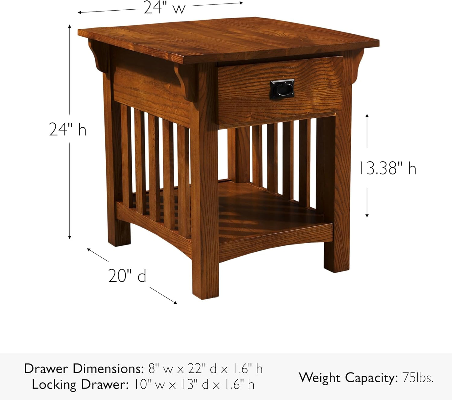 Leick Home Mission End Table, Solid Wood, 1 Storage Drawer, Additional Secret Compartment, Bottom Display Shelf, Easy-Assembly, Medium Oak, 20 in L x 24 in W x 24 in H, 8222-SC