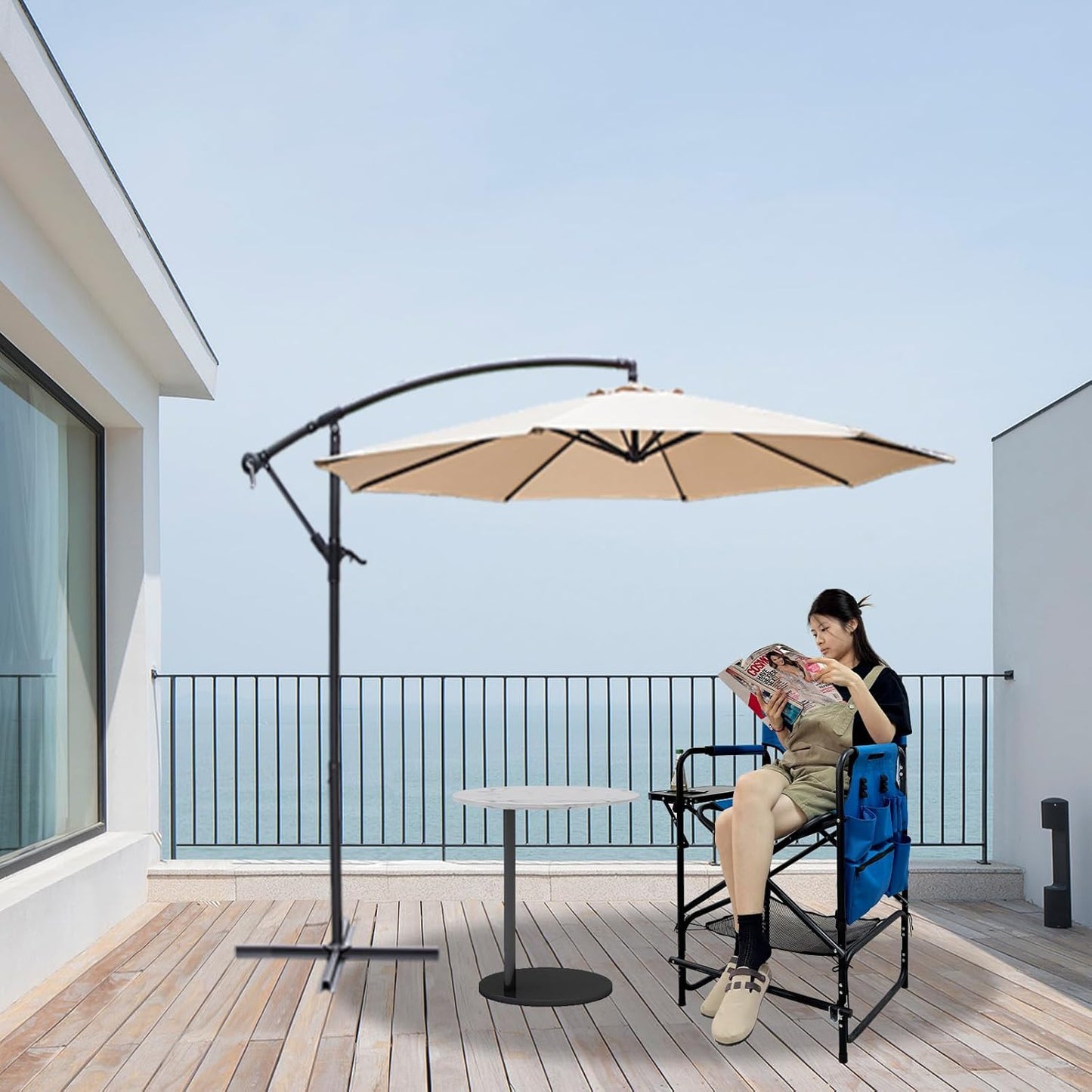 Tall Folding Directors Chair with Side Table 30.71" Seat Height Foldable Camping Chair Bar Stool for Makeup Artist Face Painting with Footrest and Storage Pocket Supports 350LBS