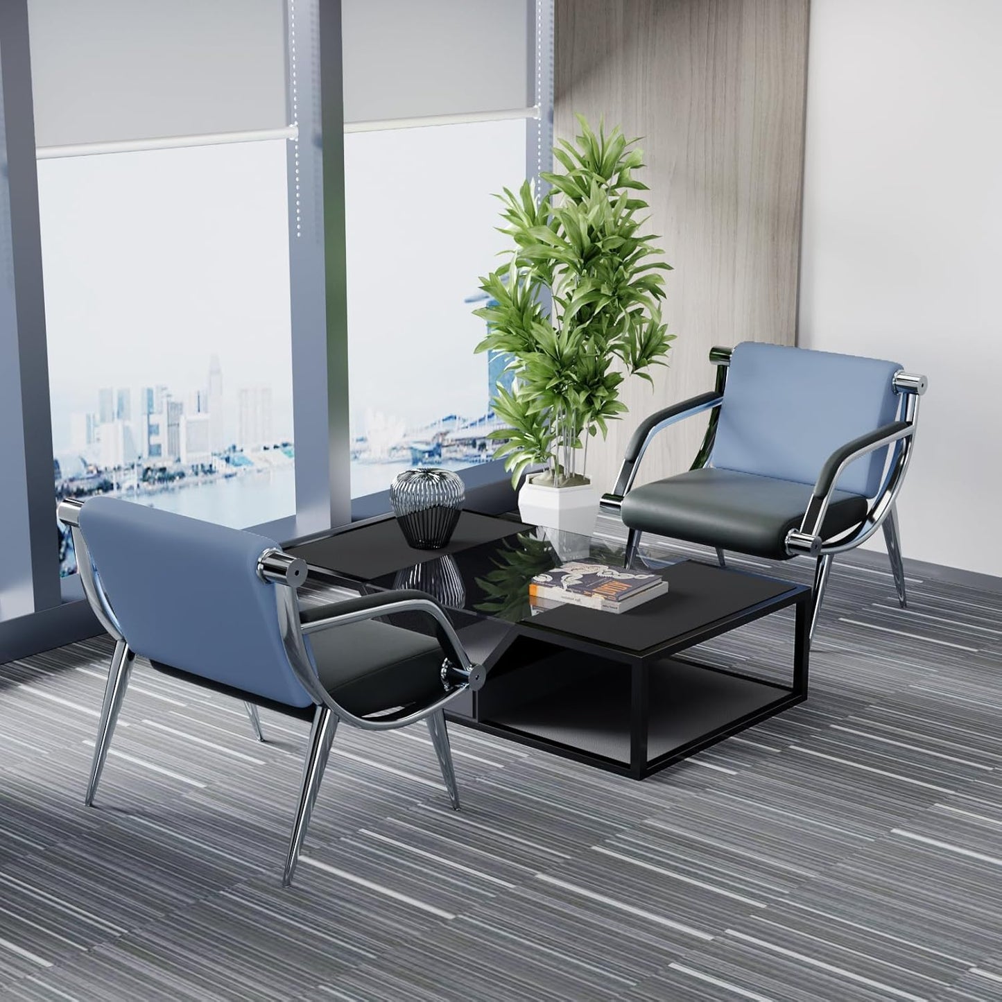 wonline 2Pcs Waiting Room Chair with Armrest PU Leather Office Furniture, Office Guest Seating Lobby Conference Reception Chairs for Airport Clinic Hospital Bank Salon Barber(Blue&Black)