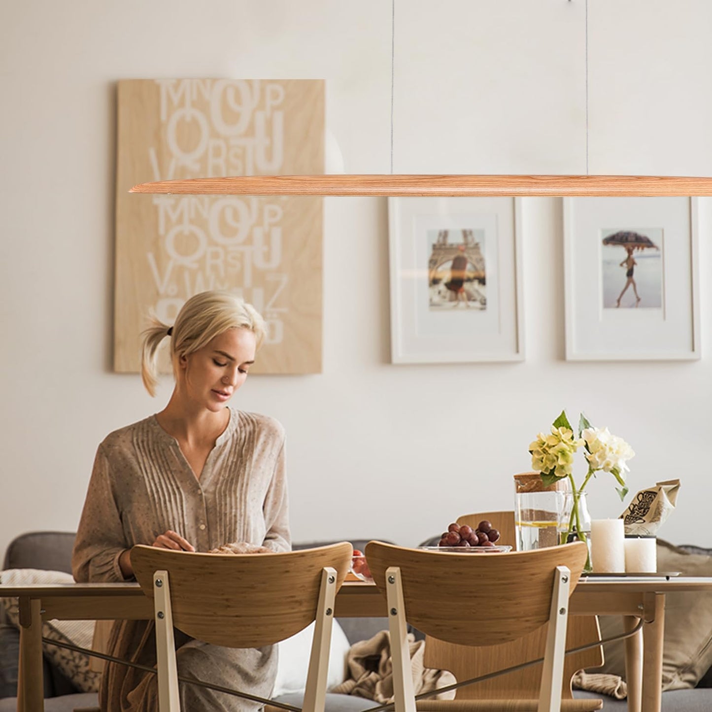 59" 40W Wood LED Linear Pendant Light Fixture Led Dining Room Light Dimmable Hanging Light Fixture for Dining Room Kitchen Island Pool Table Lights Natural Ash