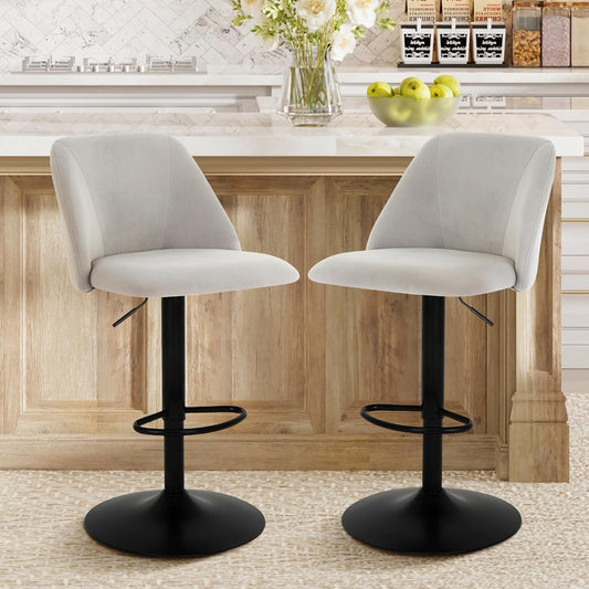 COLAMY Bar Stools Set of 2, Modern Swivel Bar Chairs, Adjustable Upholstered Barstools Counter Height with Full Backrest for Bar, Dining Room, Kitchen Island, Grey