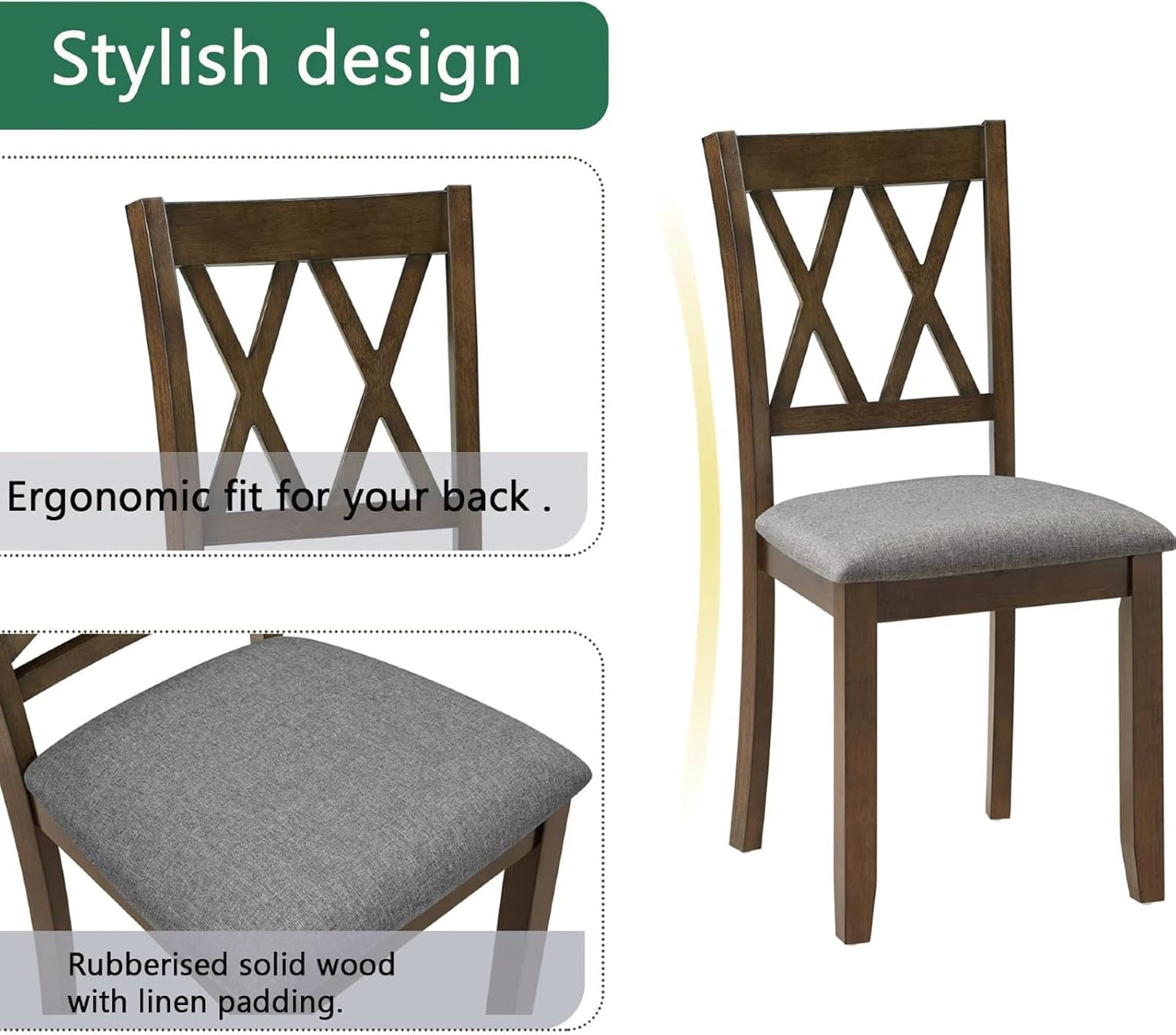 Dining Table Set, Wooden Kitchen Table Set with Square Table, 4 Vertical X Backrest Upholstered Chairs, Table and Chairs with Non-Slip Feetmats for 4 People, Living Room and Kitchen, Walnut
