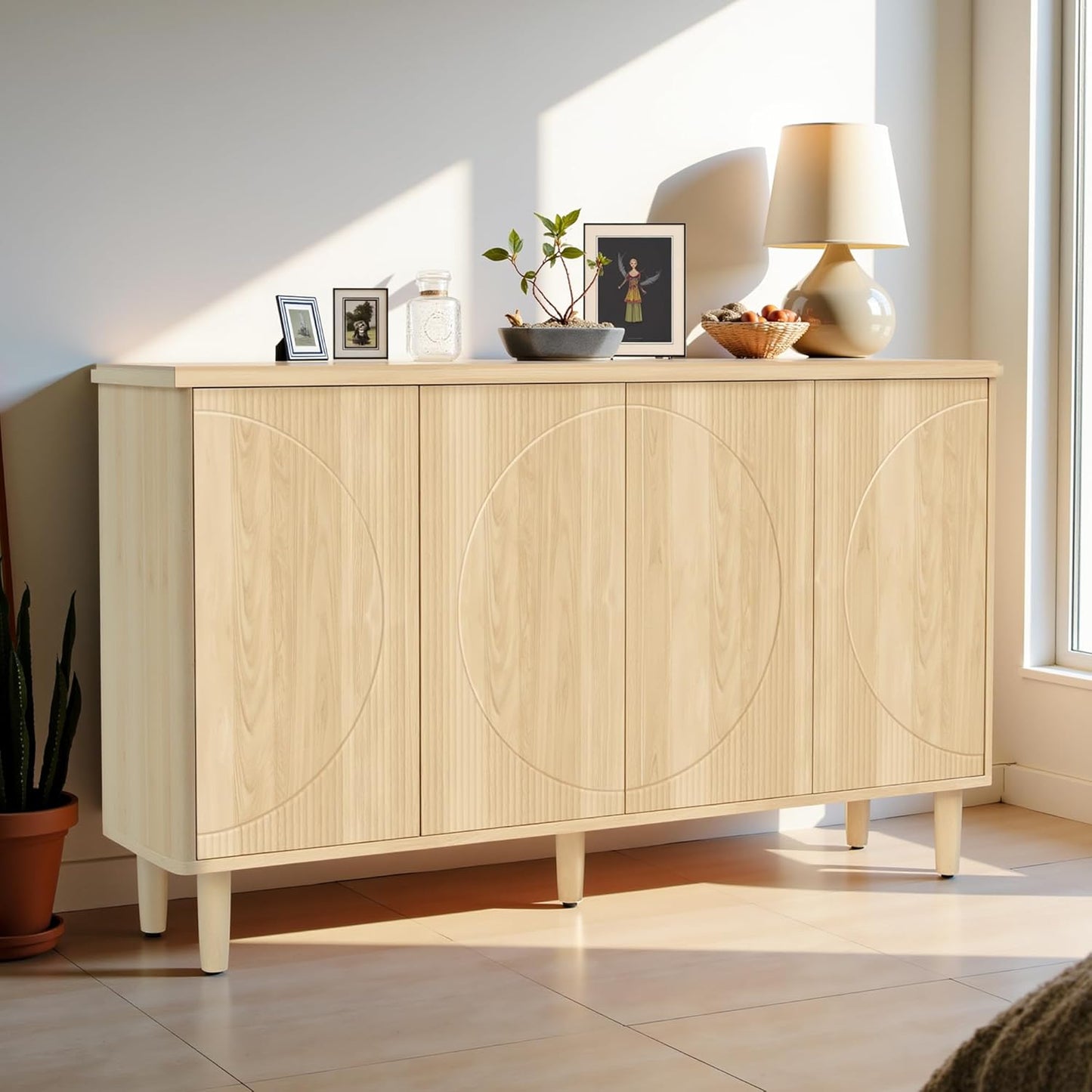 59.4" Sideboard Buffet Cabinet with Storage, Kitchen Buffet Storage Cabinet with Doors & Shelves, Modern Sideboard for Living Room, Kitchen, Hallway, Light Walnut