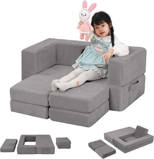 MeMoreCool Modular Kids Couch, Corduroy Play Toddler Couch for Bedroom Playroom Furniture, Convertible Foam Kids Sofa Bed, Fold Out Baby Sofa for Girl Boy, Light Grey