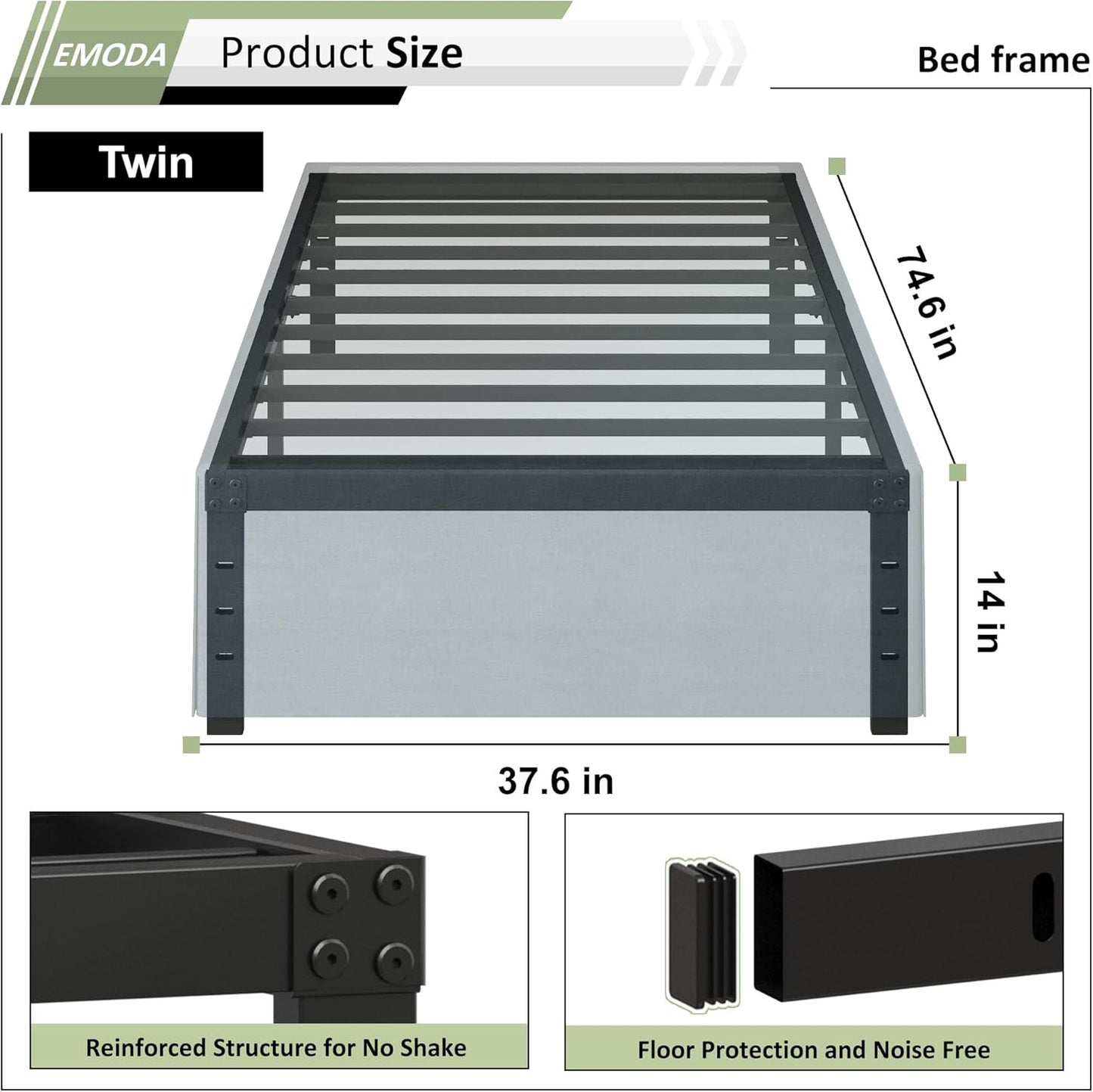 EMODA 14 Inch Twin Bed Frames with Cover Skirt, Heavy Duty Metal Twin Platform Bed Frame No Box Spring Needed, Noise Free, Easy Assembly