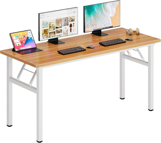 DlandHome Computer Desk 62 inches Office Desk Computer Table Study Writing Desk Workstation for Home Office Metal Frame Teak and White