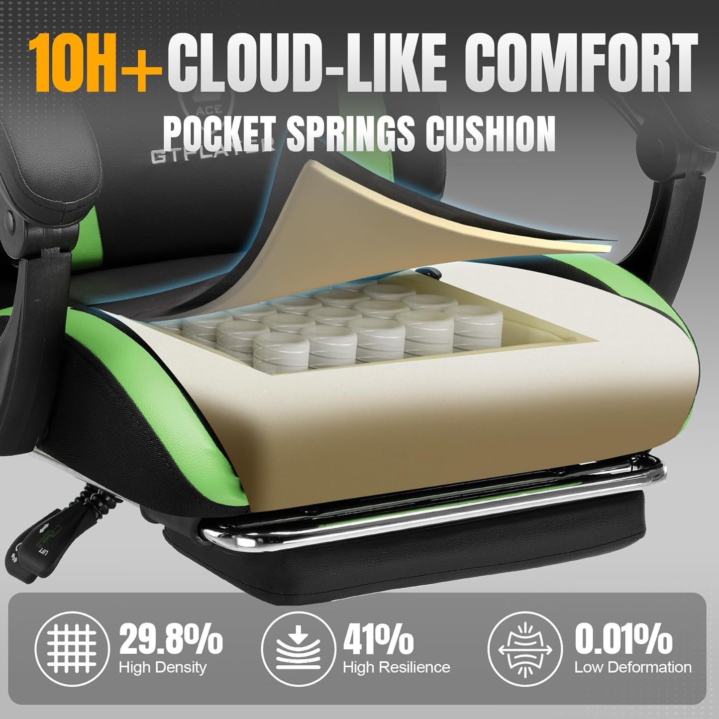 GTRACING Gaming Chair with Foot Rest & Pocket Spring Cushion, Ergonomic High Back Computer Chair with Headrest & 360°-Swivel Seat for Home Office Desk, PU Leather, Vivid Green