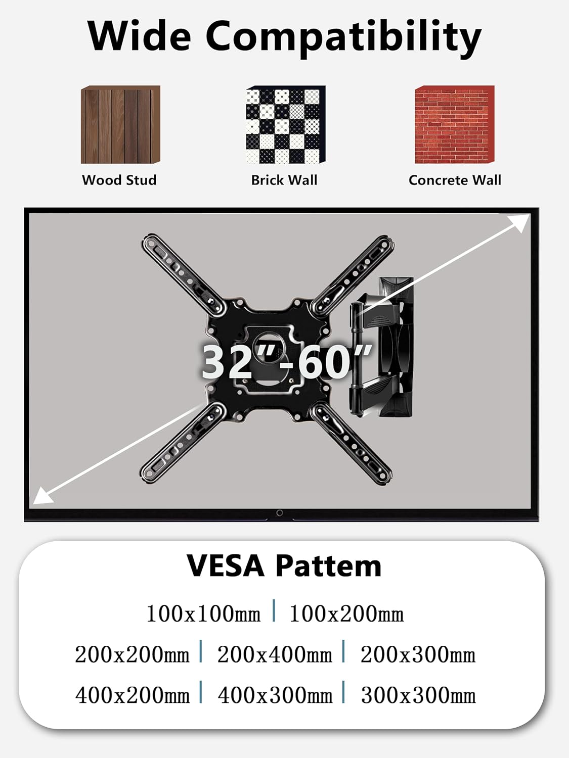 Full Motion Wall Mount for 32-60 Inch Screens, Swivel, Tilt & Extend, Articulating Mount Bracket for LED LCD OLED 4K Displays Up to 77 lbs, VESA 400x400, Space-Saving Adjustable Wall Mount