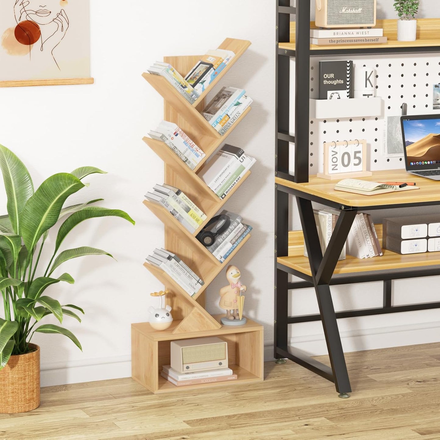 9 Tier Tree Bookshelf,Christmas Green Bookcase for Narrow Space, Storage Organizer Floor Standing Bookshelves for Books, Tall Book Case for Home Office, Living Room, Bedroom