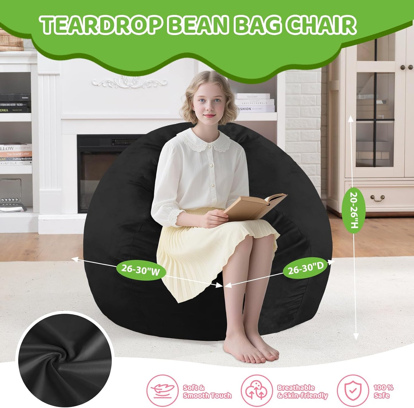 2FT Bean Bag Chair, Comfy Bean Bag Chairs with Memory Foam Filled, Fluffy Beanbag Sofa with Dutch Velvet Cover, Teardrop BeanBag Chairs for Living Room, Playroom - Black