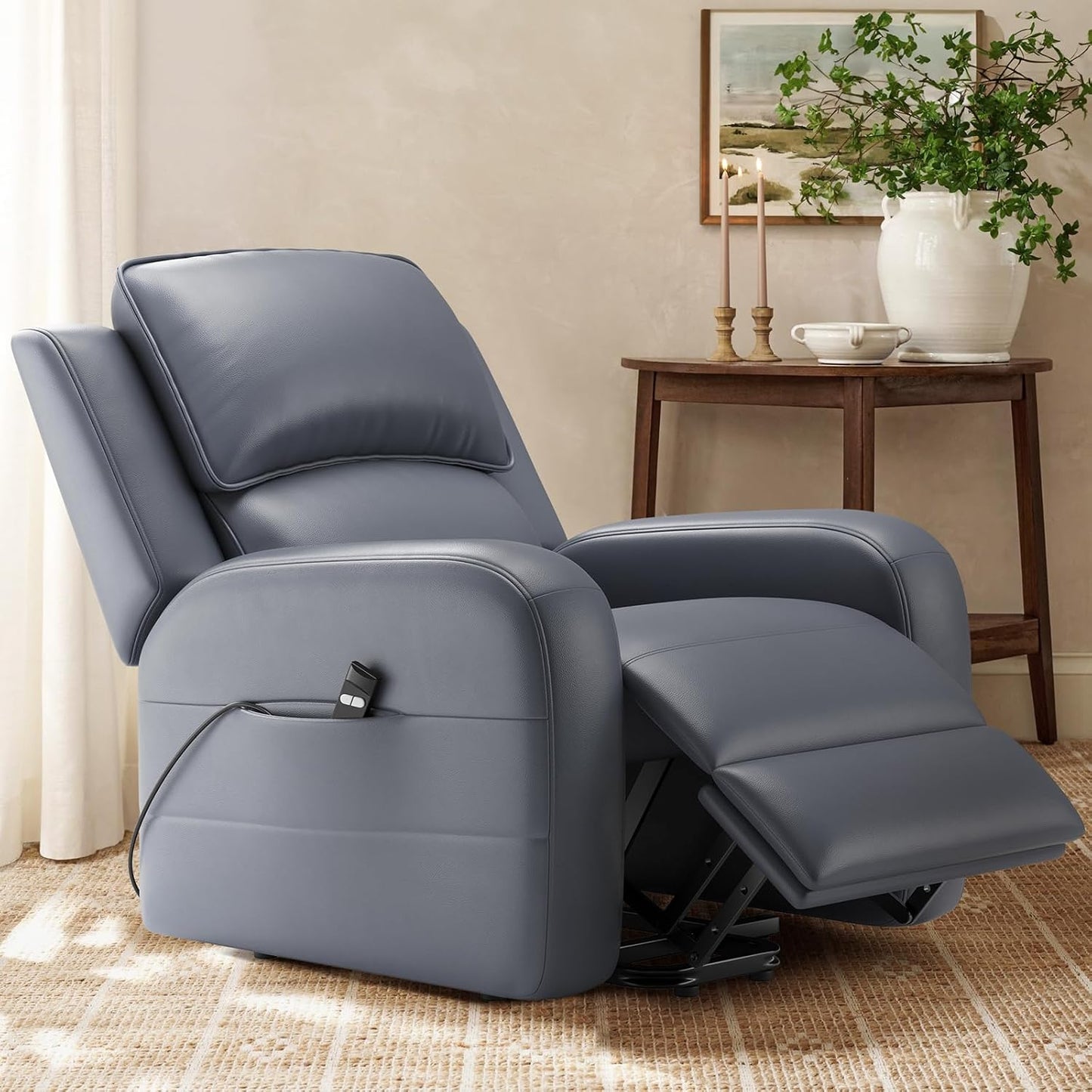 COLAMY Power Lift Recliner Chair for Elderly – Electric Leather Recliner with Remote Control, Ergonomic Backrest, Spacious Seat, Side Pocket & 2-Button Operation, 300lbs Capacity (Grey)