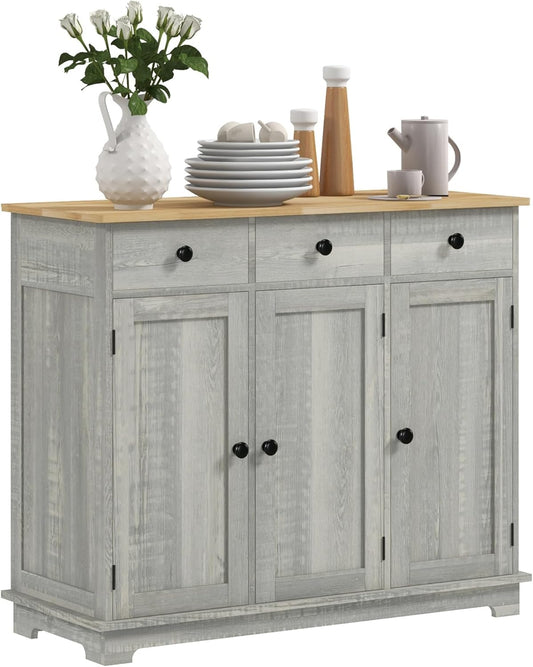 HOMCOM Sideboard with Solid Wood Countertop, Modern Kitchen Storage Cabinet, Coffee Bar Cabinet with 3 Drawers, Doors and Adjustable Shelf, Distressed Light Gray