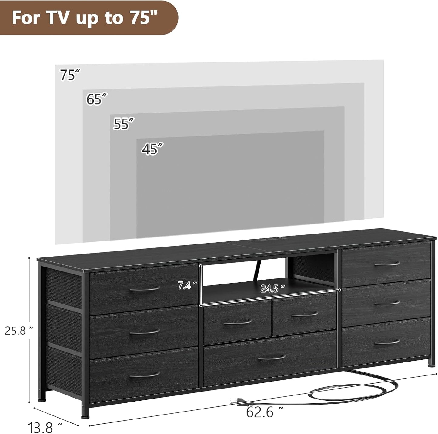 Furnulem 9 Drawer Dresser, 63” Long TV Stand for Bedroom, Entertainment Center with Power Outlet & LED Light for 65"-75" TV, Black Dresser with Fabric Storage Drawers for Closet