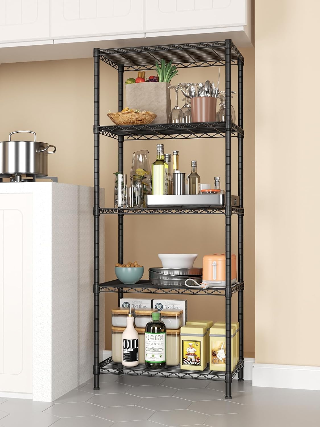 SINGAYE 5 Tier Storage Shelves Wire Shelving Unit Shelve Metal Kitchen Laundry Room Organization Home Pantry Closet Bathroom Organizers Garage Rack Estantes para Cocina 14" D x 24" W x 59.5" H Black