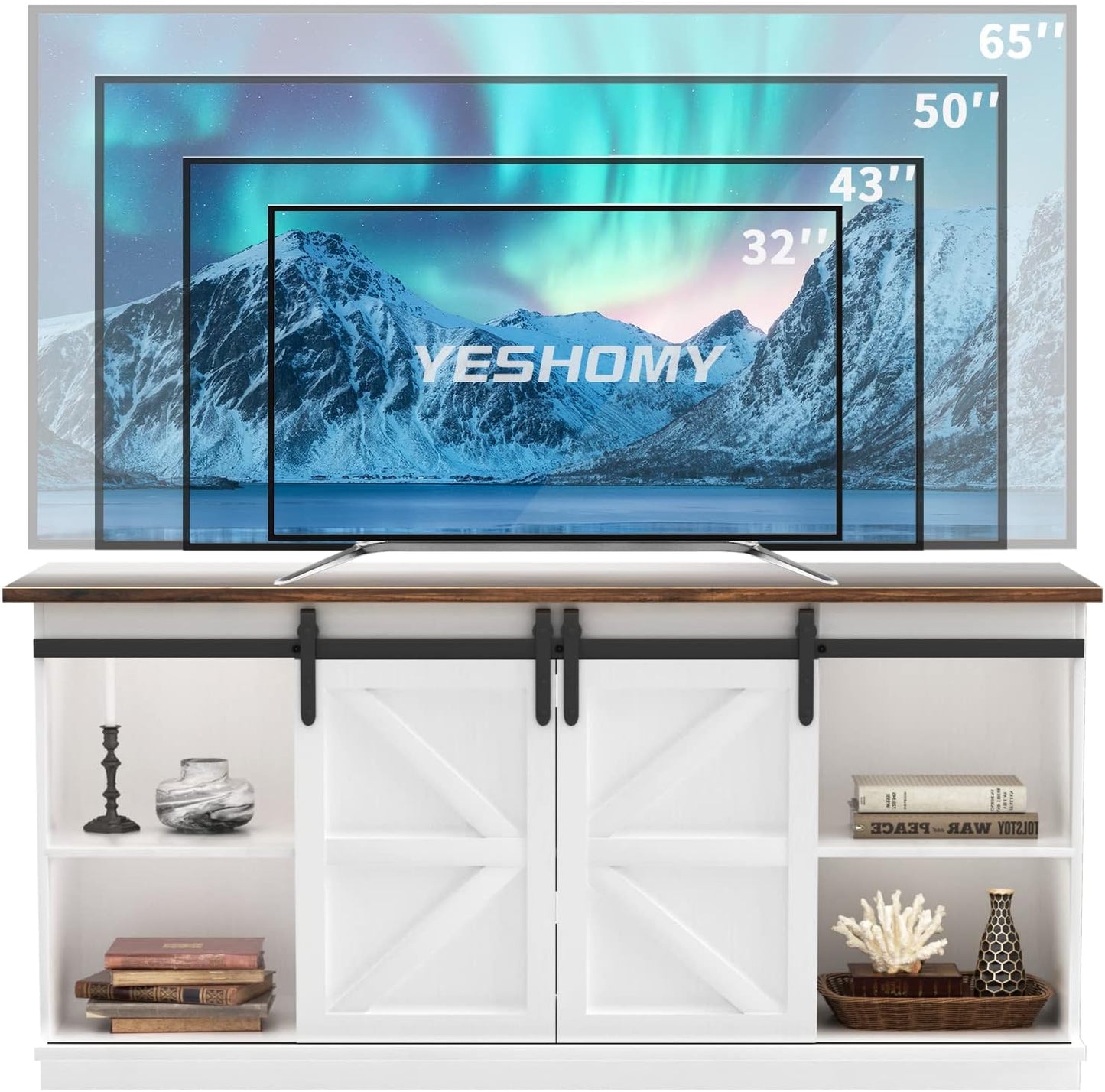 YESHOMY Farmhouse TV Stand for Televisions up to 65 Inches, Sliding Barn Doors and Storage Cabinets, Console Table and Media Furniture for Living Room, 58 Inch, Milk White