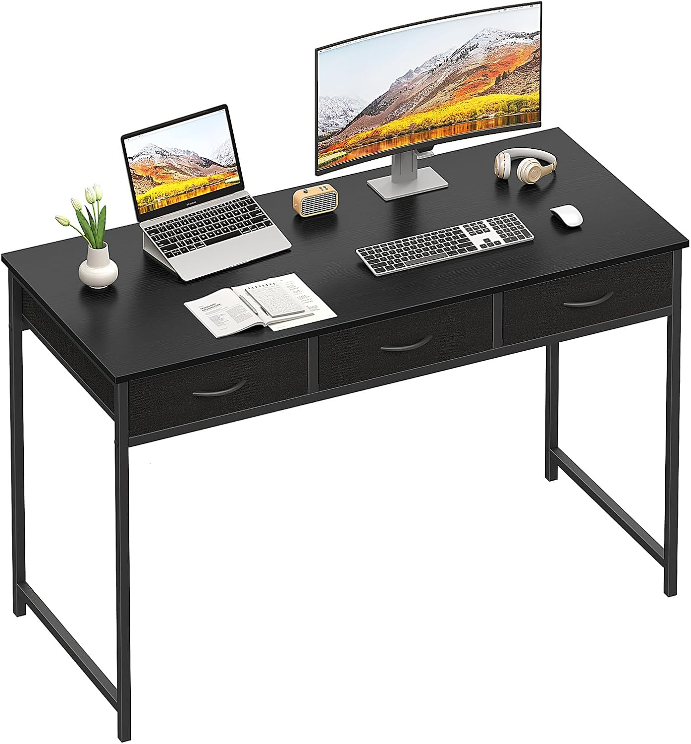 WOHOMO Computer Desk with 3 Drawers, 47.2 Inch Bedroom Desk with Storage, Home Office Desk for Room Spaces, Modern Work Writing Study Tables, Black