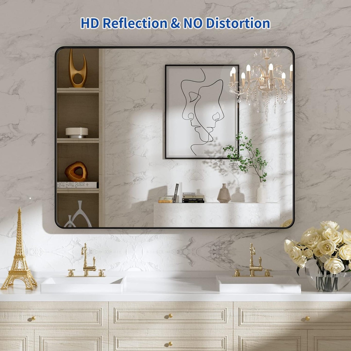 WEER Black Bathroom Mirror, 40X30 Inch Rectangular Black Metal Framed for Wall, Farmhouse Bathroom Vanity Mirror with Tempered Glass, Rounded Corner, Anti-Rust (Horizontal/Vertical)