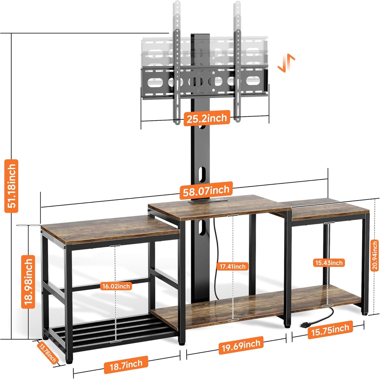 Aquzee TV Stand with Mount for up to 75 inch with Power Outlet, 58”W Wood Entertainment Center with Record Player Storage for 50 55 60 65 70 75 inch TV, Height Adjust Swivel Mounted Television Stand