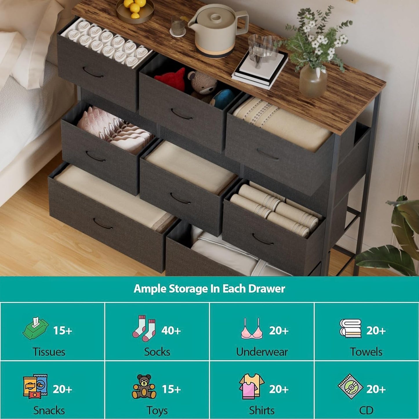 43.3" Wide Fabric Dresser for Bedroom, Chest of Drawers with 11 Deep Drawers, Multi-Drawers TV Stand TV Console, Storage Organizer for Closet, Nursery (Black)