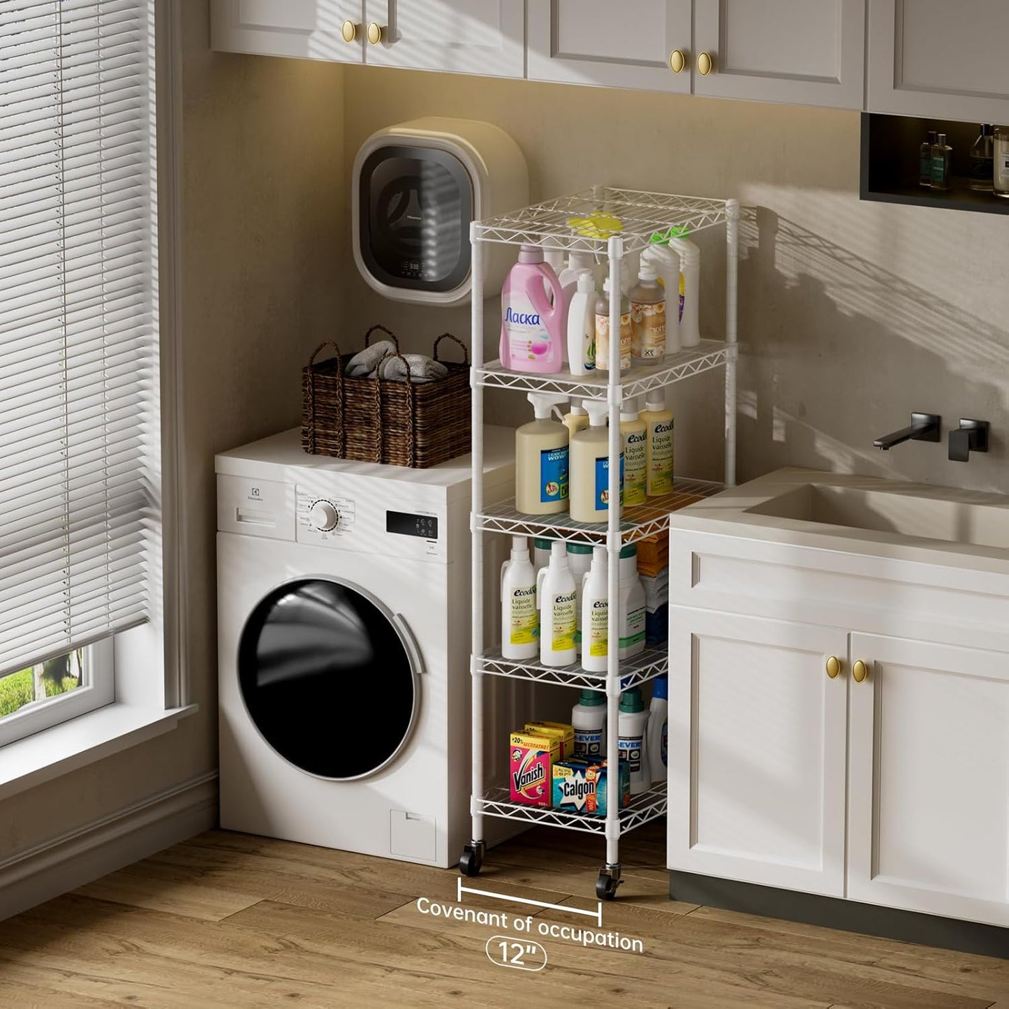 SINGAYE 5 Shelves Storage Shelf Wire Closet Bathroom Organizers Metal Pantry Kitchen Small Garage Shelving Unit Laundry Room Organization Home Narrow Rack Net Basket with Wheels White