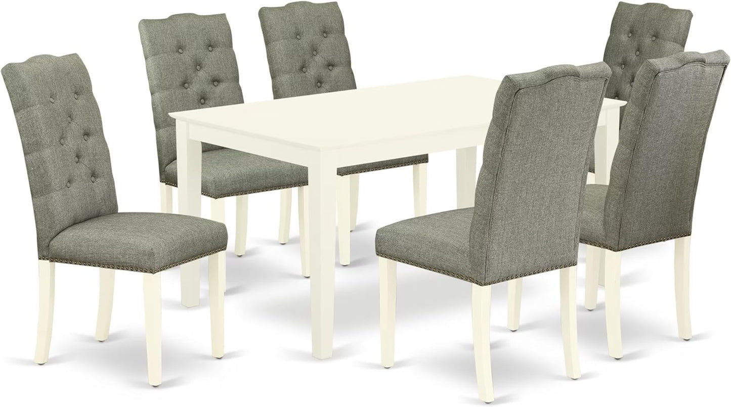 East West Furniture CAEL7-LWH-07 7 Piece Modern Dining Table Set Consist of a Rectangle Wooden Table and 6 Gray Linen Fabric Upholstered Chairs, 36x60 Inch, Linen White