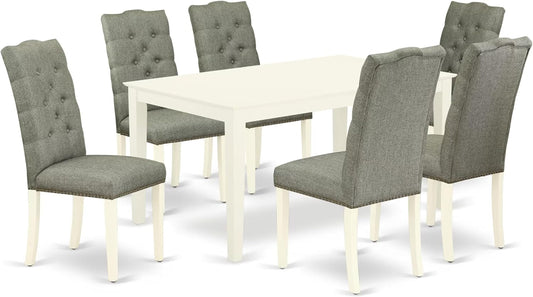 East West Furniture CAEL7-LWH-07 7 Piece Modern Dining Table Set Consist of a Rectangle Wooden Table and 6 Gray Linen Fabric Upholstered Chairs, 36x60 Inch, Linen White