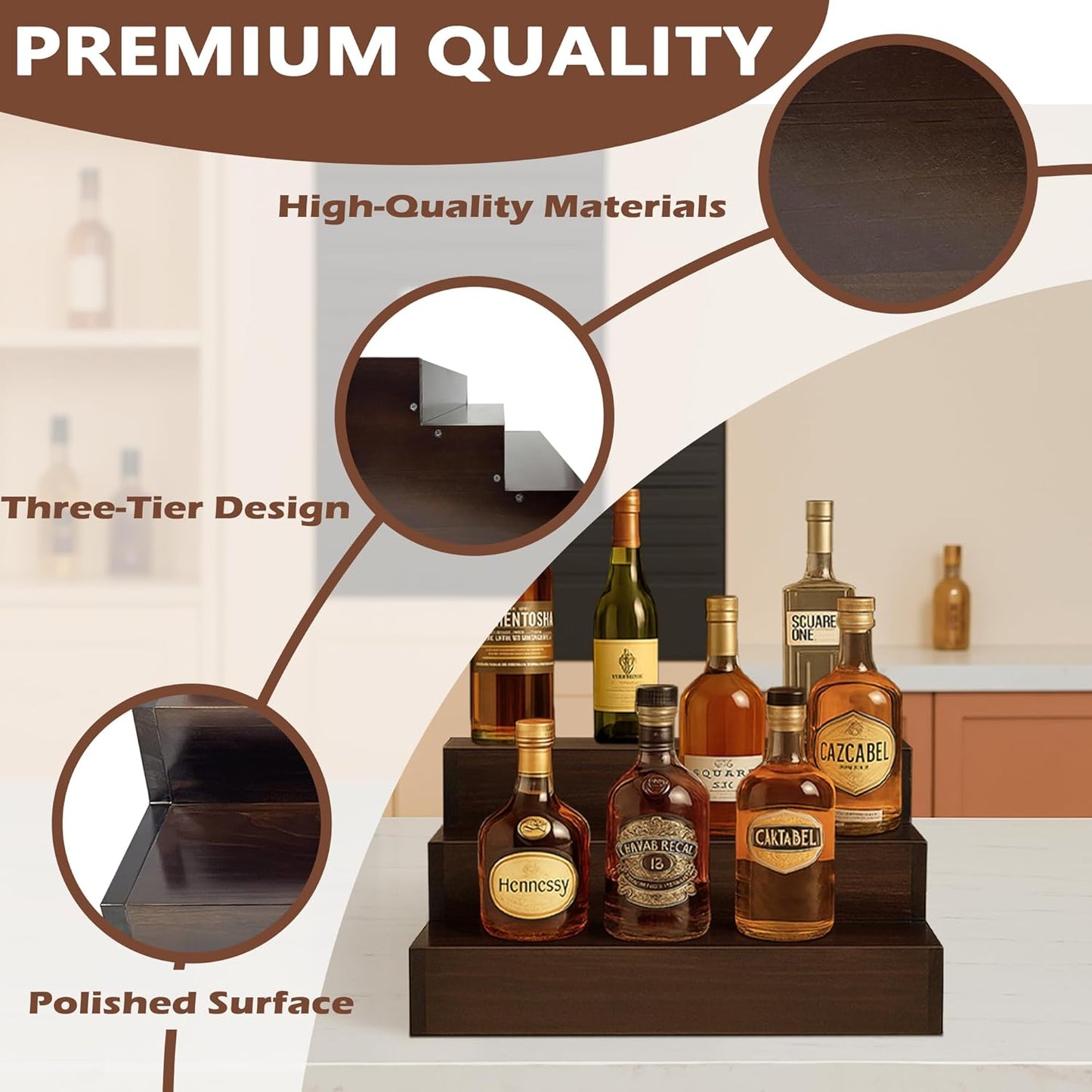 Royxen Wood Liquor Bottle Shelf 3 Tier Bar Shelf Freestanding Vintage Liquor Bar Stand for Home Bar Decor (Brown, 16 Inch Wide)