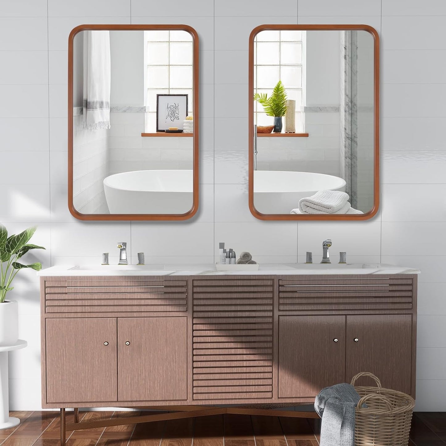 WallBeyond 24x36 Inch Wood Mirror for Bathroom, Wooden Frame Wall Mirror Farmhouse Wall Mounted Rectangle Mirror for Vanity (Horizontal/Vertical Walnut Color)