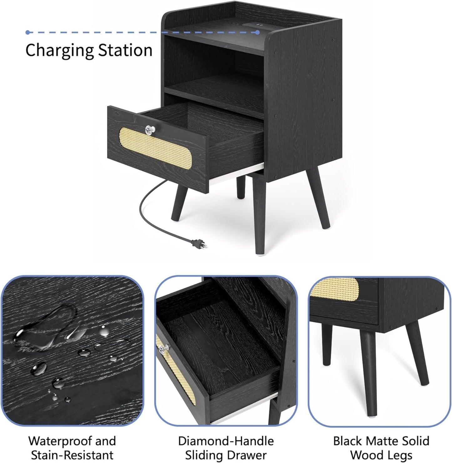 End Table Set of 2 with Charging Station, Diamond Décor Nightstands Set of 2, Bedside Table Set of 2 with Solid Wood Legs, Black