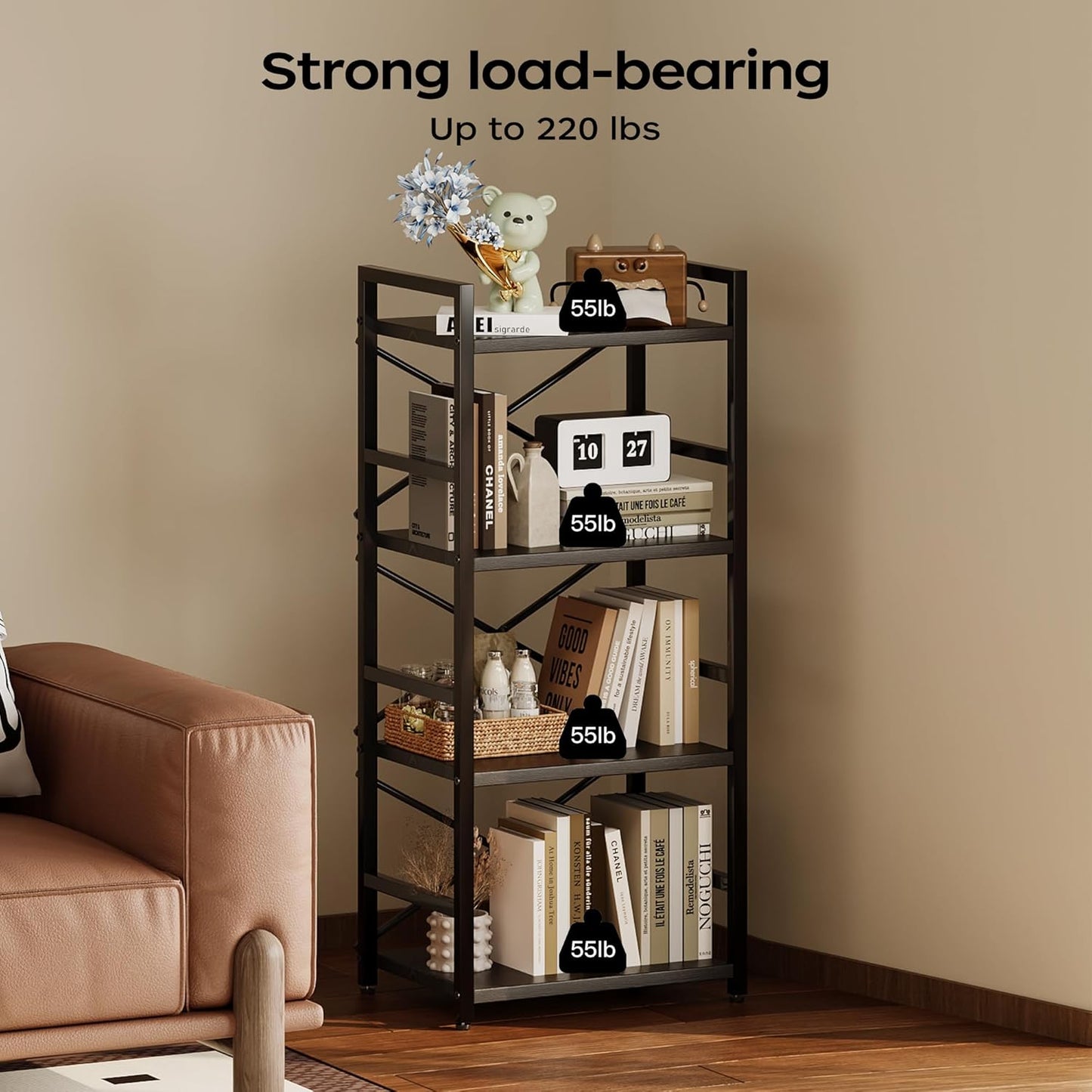 Homeiju Black Bookshelf, 4 Tier Small Bookcase, Black Metal Small Bookcase, Book Shelf Organization and Storage for Living Room, Bedroom, and Home Office