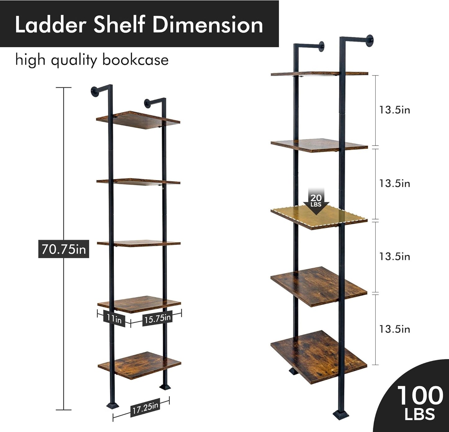 Axeman 5-Tier Ladder Shelf, Tall Narrow Bookcase for Small Spaces, Book Storage Organizer Case for Living Room, Home Office, Study, Industrial Style Black Metal Frame and Rustic Brown Shelf