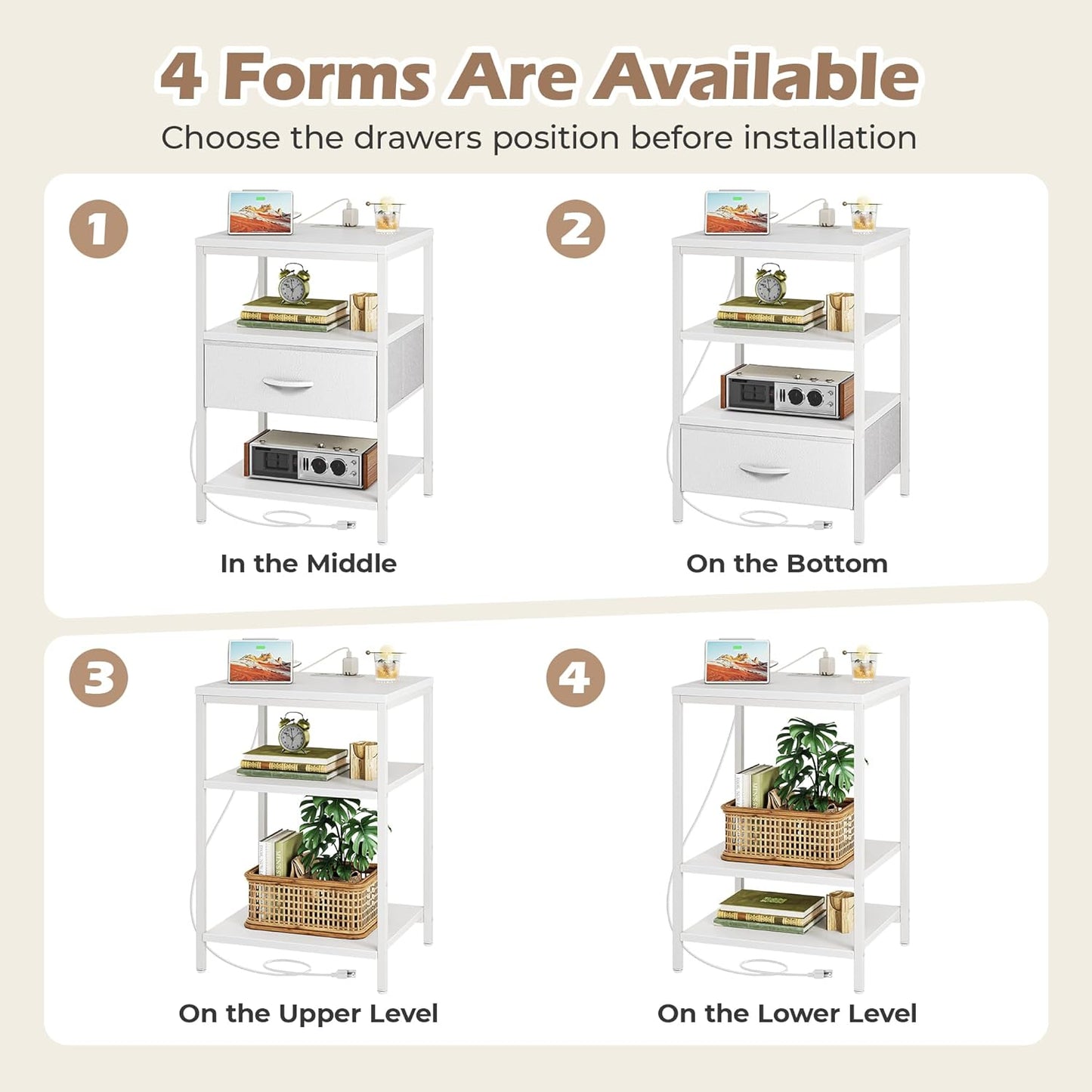 SUPERJARE Nightstand with Charging Station, White Night Stand with Adjustable Drawers, 17.7 Inches Wider Side Table for Bedroom, 3-Tier Storage End Table with Open Shelf, PU Leather Surface