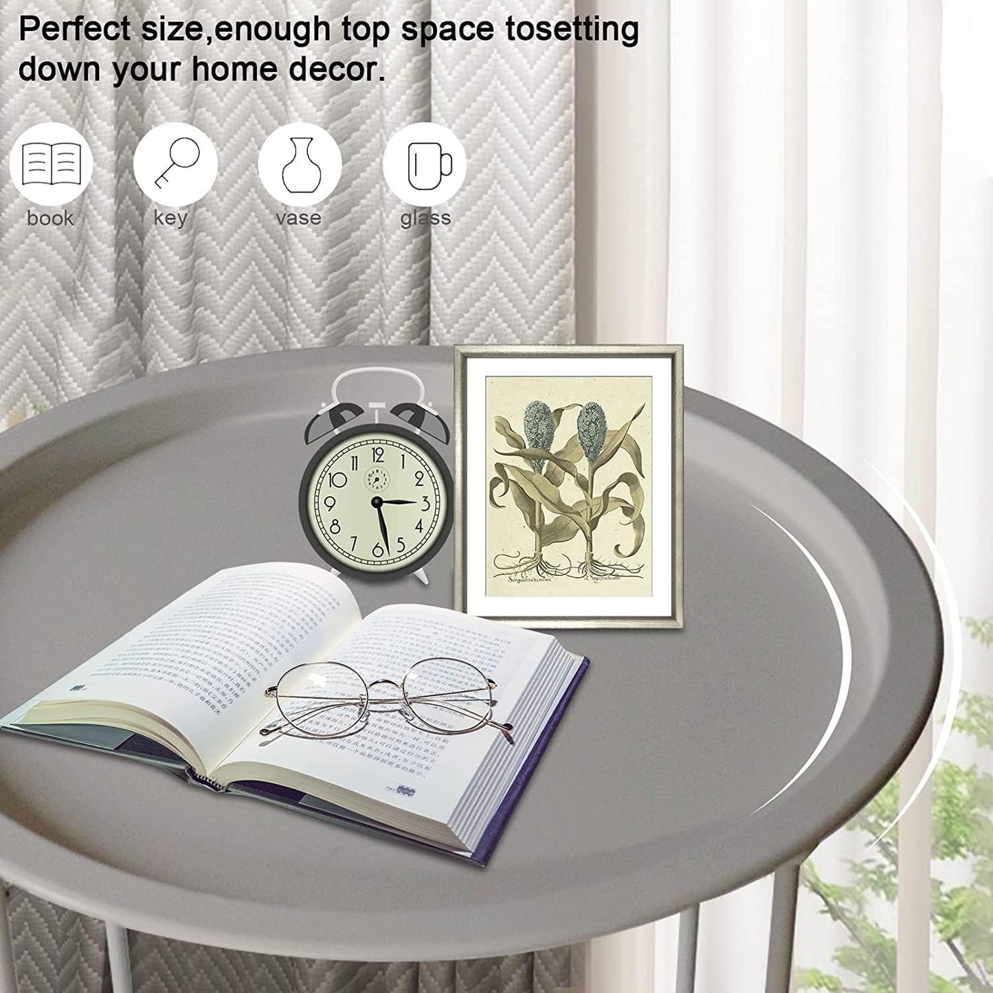 Garden 4 you Folding Tray Metal Side Table 2PC Grey Round End Table Cyan Sofa Small Accent Fold-able Table, Round End Table Tray, Next to Sofa Table, Snack Table for Living Room and Bed Room