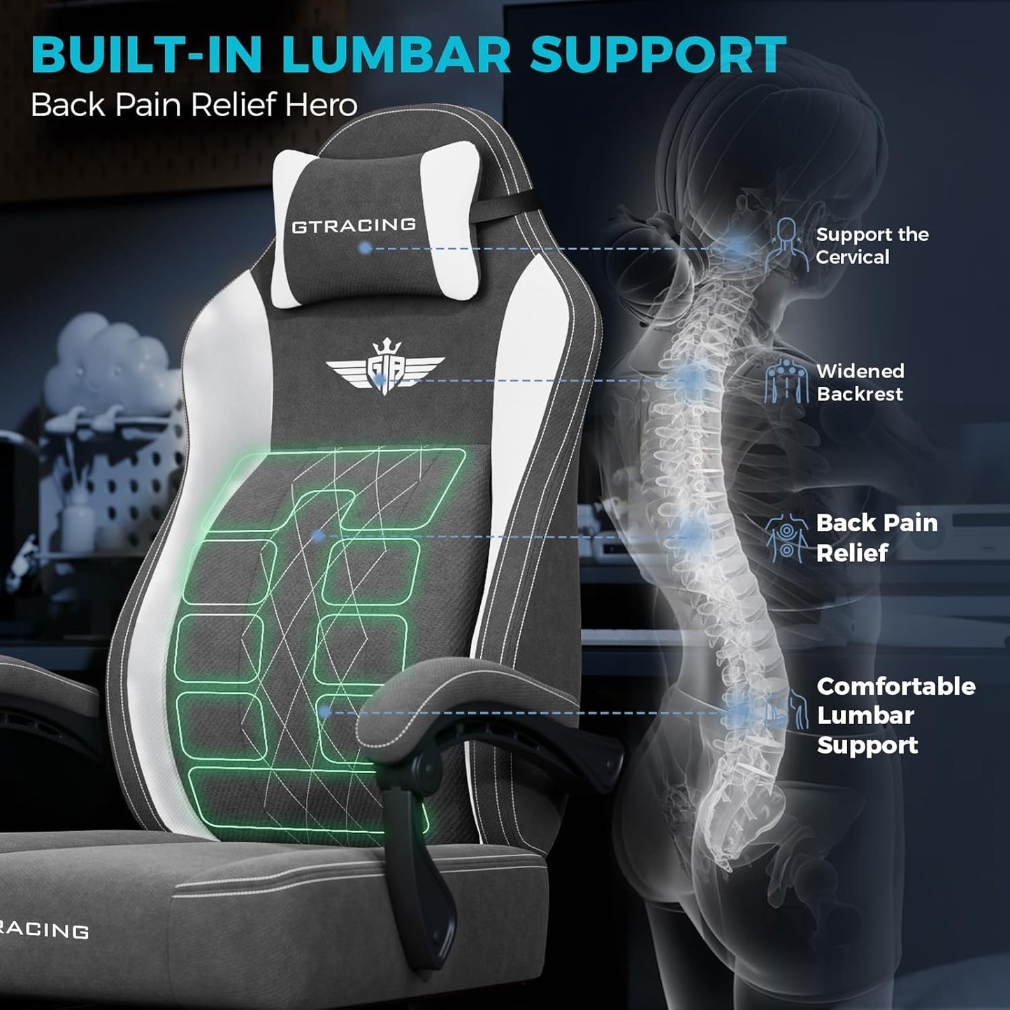 GTPLAYER Big and Tall Gaming Chair Breathable Fabric Computer Chair with Strong Lumbar Support, Comfortable Office Chairs with Pocket Spring Cushion, High Back Ergonomic Desk Chairs with Footrest