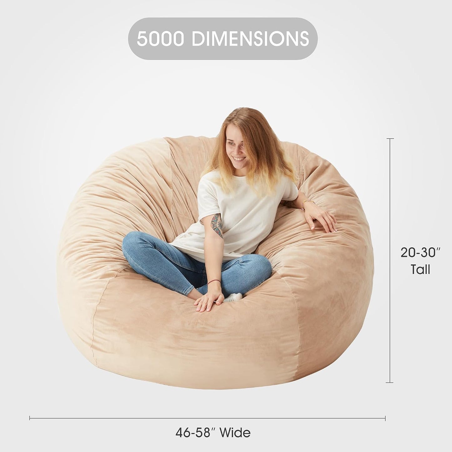 HABUTWAY Bean Bag Chair: Giant 5' Memory Foam Furniture Bean Bag Chair with Microfiber Cover - 5Ft, Khaki