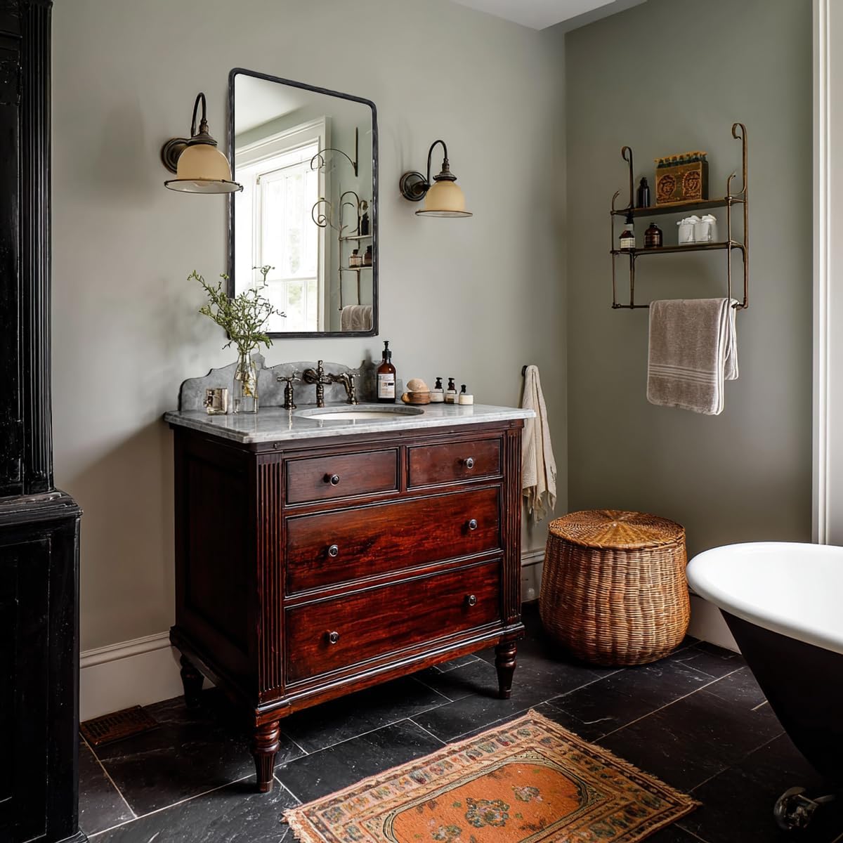 ANDY STAR Hand-Forged Black Bathroom Mirrors for Wall, 22x30 Inch Vintage Solid Steel Metal Frame Bathroom Vanity Mirror, Antique Rounded Rectangle Wall Mirror, Hangs Horizontally or Vertically