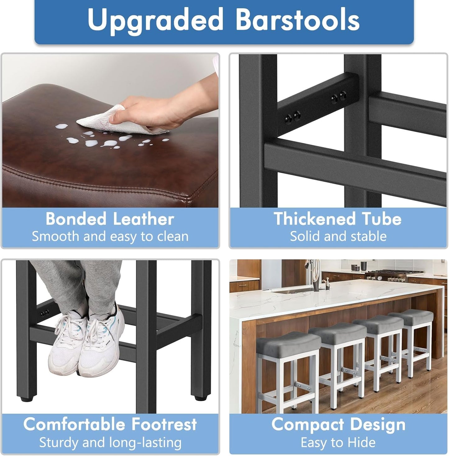 Counter Height Bar Stools Set of 3, 24 Inch Barstools for Kitchen Island Counter, Bonded Leather Kitchen Stools with Thick Saddle Seats & Heavy Duty Metal Base, Easy Assembly, Brown/Black