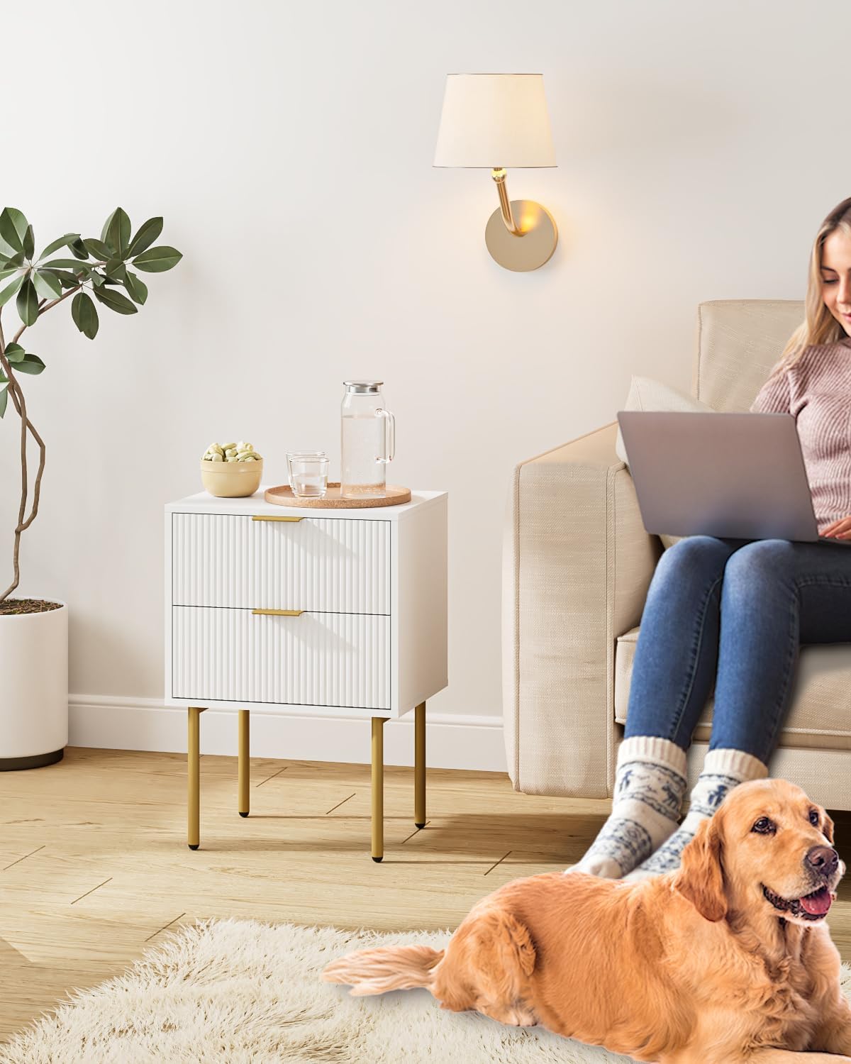 Nightstand,Morden Bedside Table with Gold Frame,Small White Night Stand,End Table,Bedside Furniture,Side Table with Drawer and Shelf for Bedroom,Living Room (2Drawers, White.)