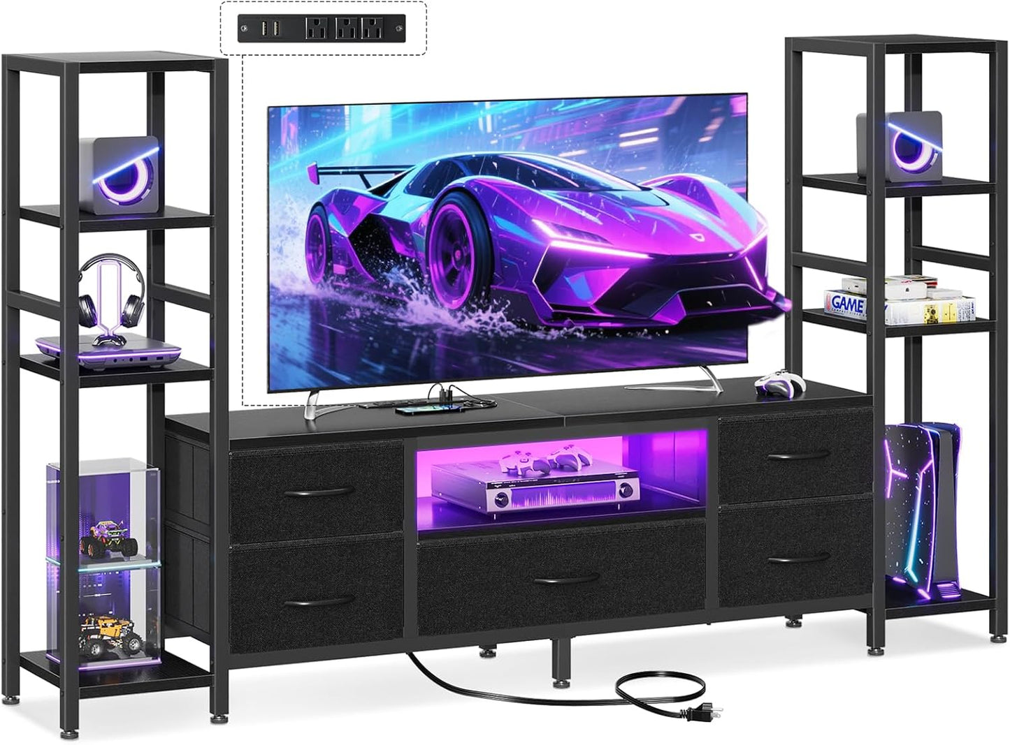 Casaottima 71" TV Stands for 43, 50, 55 Inch TV Entertainment Center with LED Lights and Power Outlets, TV Stand for Living Room with 5 Fabric Drawers & Shelf, TV Console Cabinet for Bedroom, Black