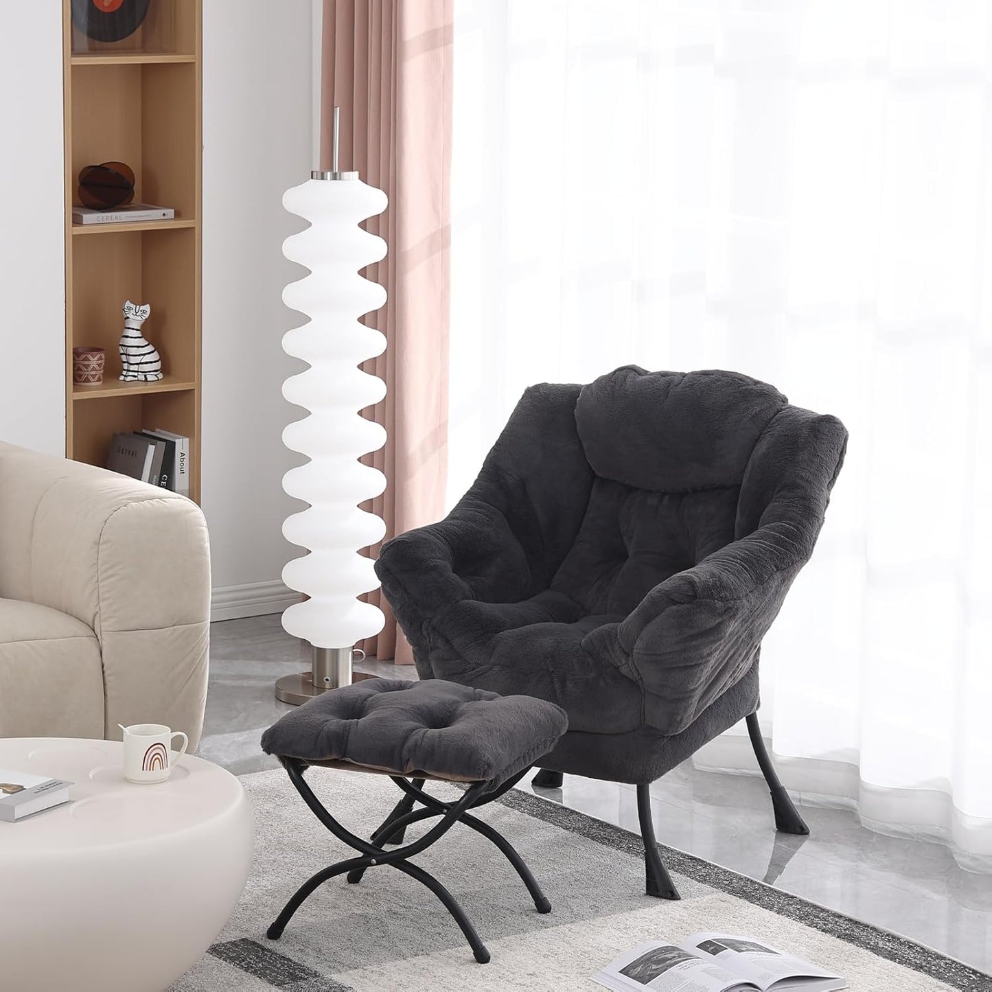 Lazy Chair with Folding Ottoman, Modern Accent Lounge Armchair with Armrests and a Side Pocket & Foldable Footstool, Leisure Reading Chair for Living Room, Bedroom, Dorm & Office, Plush Navy