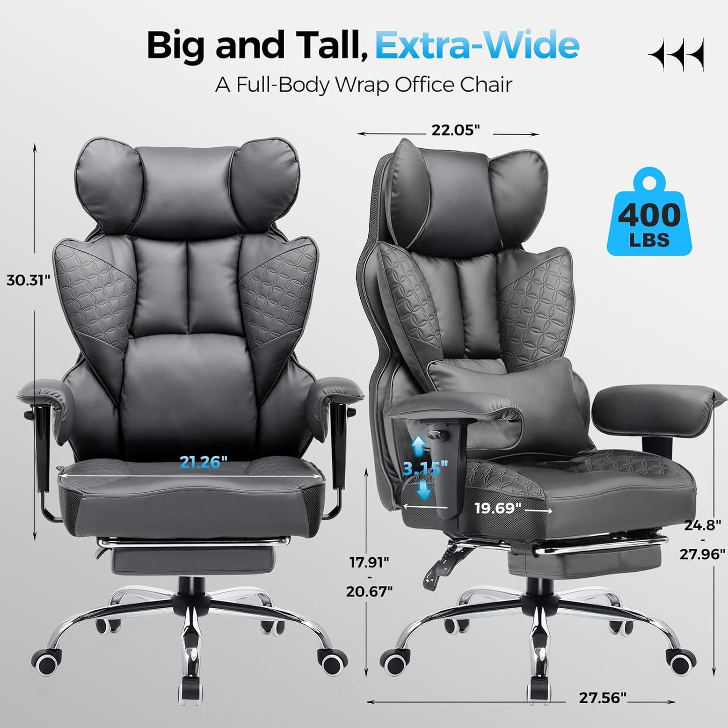 GTRACING Big and Tall Gaming Chair 400lbs Heavy Duty Office Chair with Foot Rest & Ergonomic Pocket Spring Lumbar Support, High Back 3D Saddle Shaped Cushion for Back Pain Relief, Grey