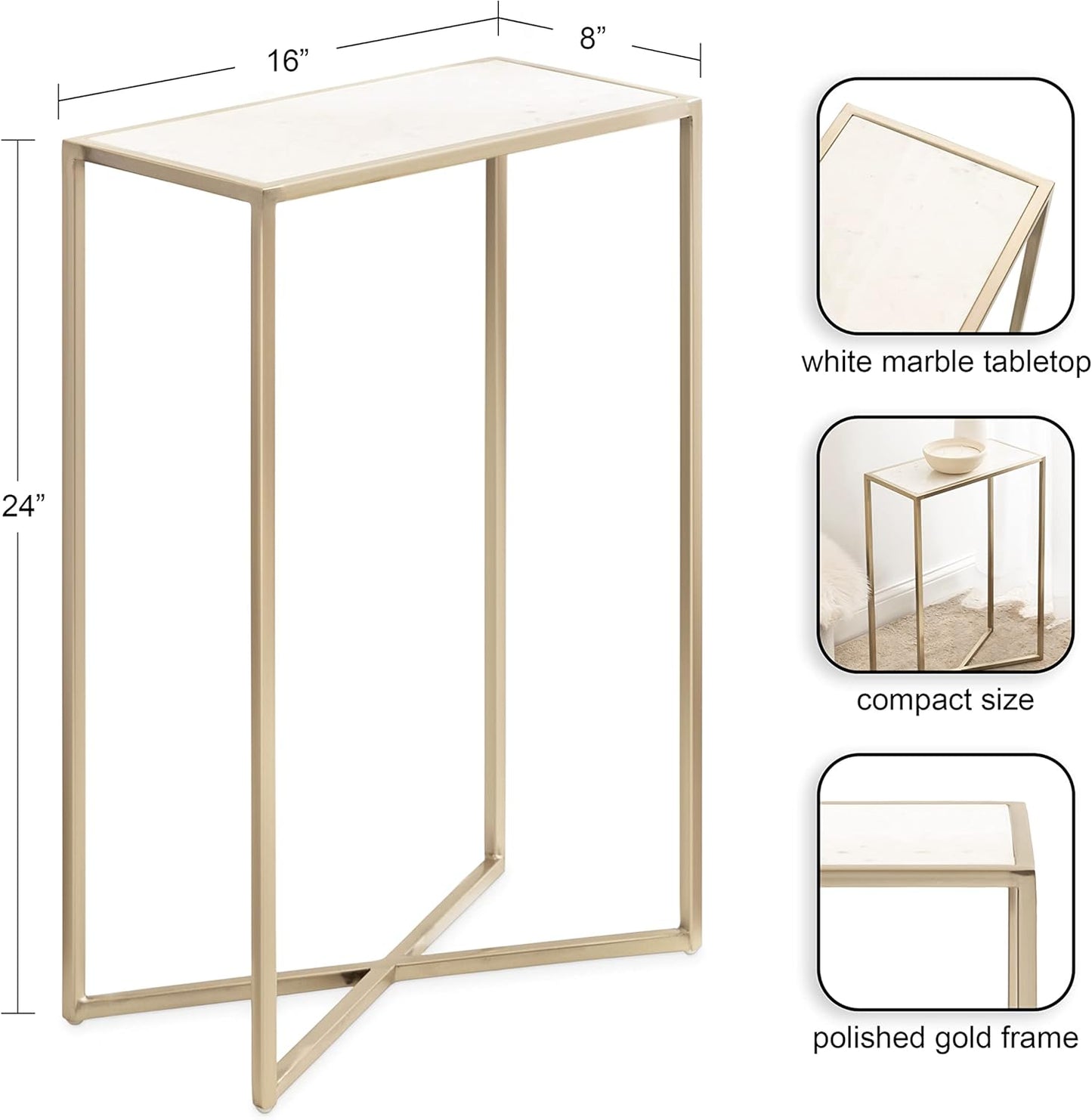 Kate and Laurel Jaspur Modern Slim Side Table, 16 x 8 x 24, White Marble and Gold, Decorative Glam Narrow End Table for Use as Narrow Bedroom Nightstand or Living Room Accent