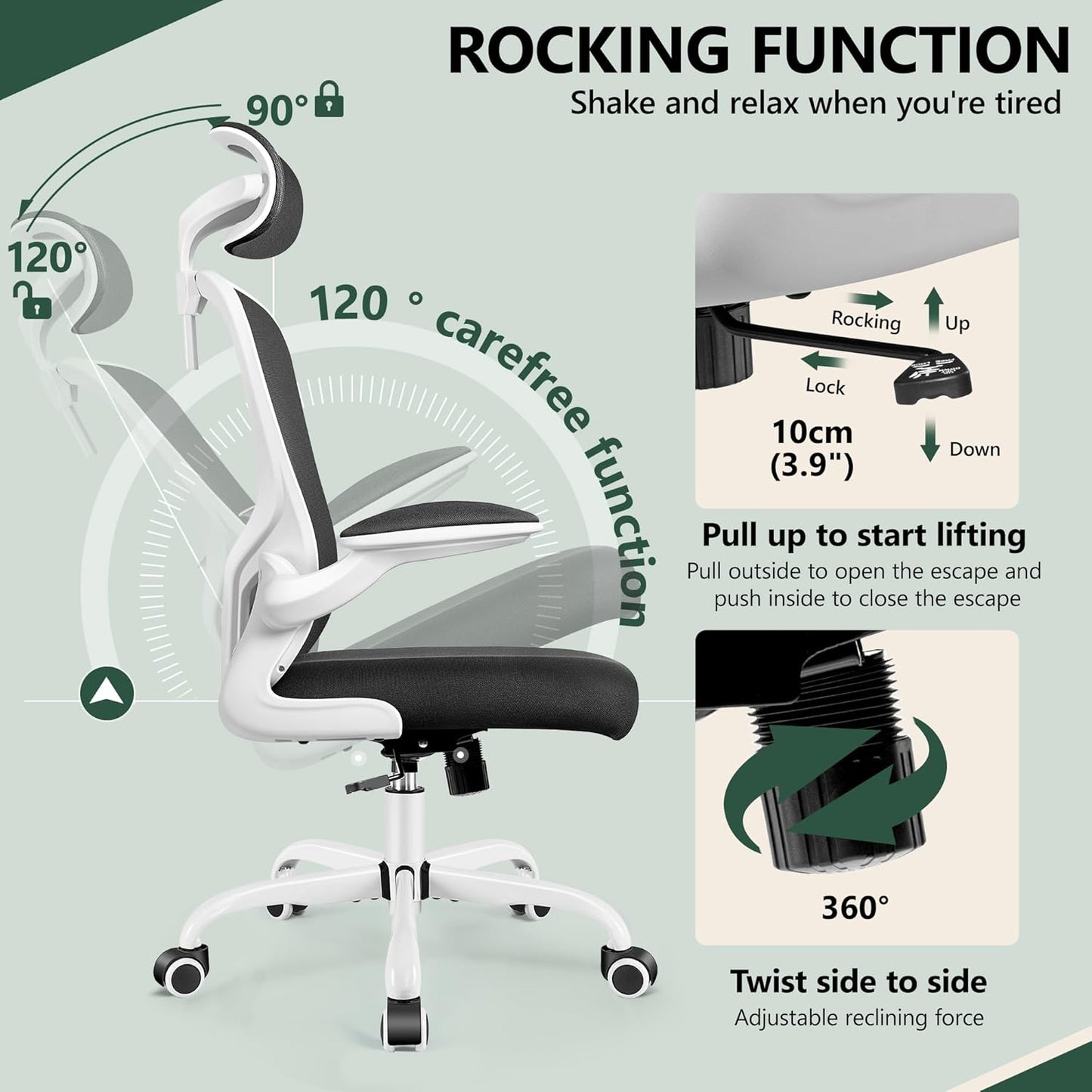 FelixKing Office Chair with Headrest, Home Office Desk Chairs with Flip-Up Armrests, Adjustable Height Ergonomic Office Chair Lumbar Support, Mesh Backrest Computer Chair (White)