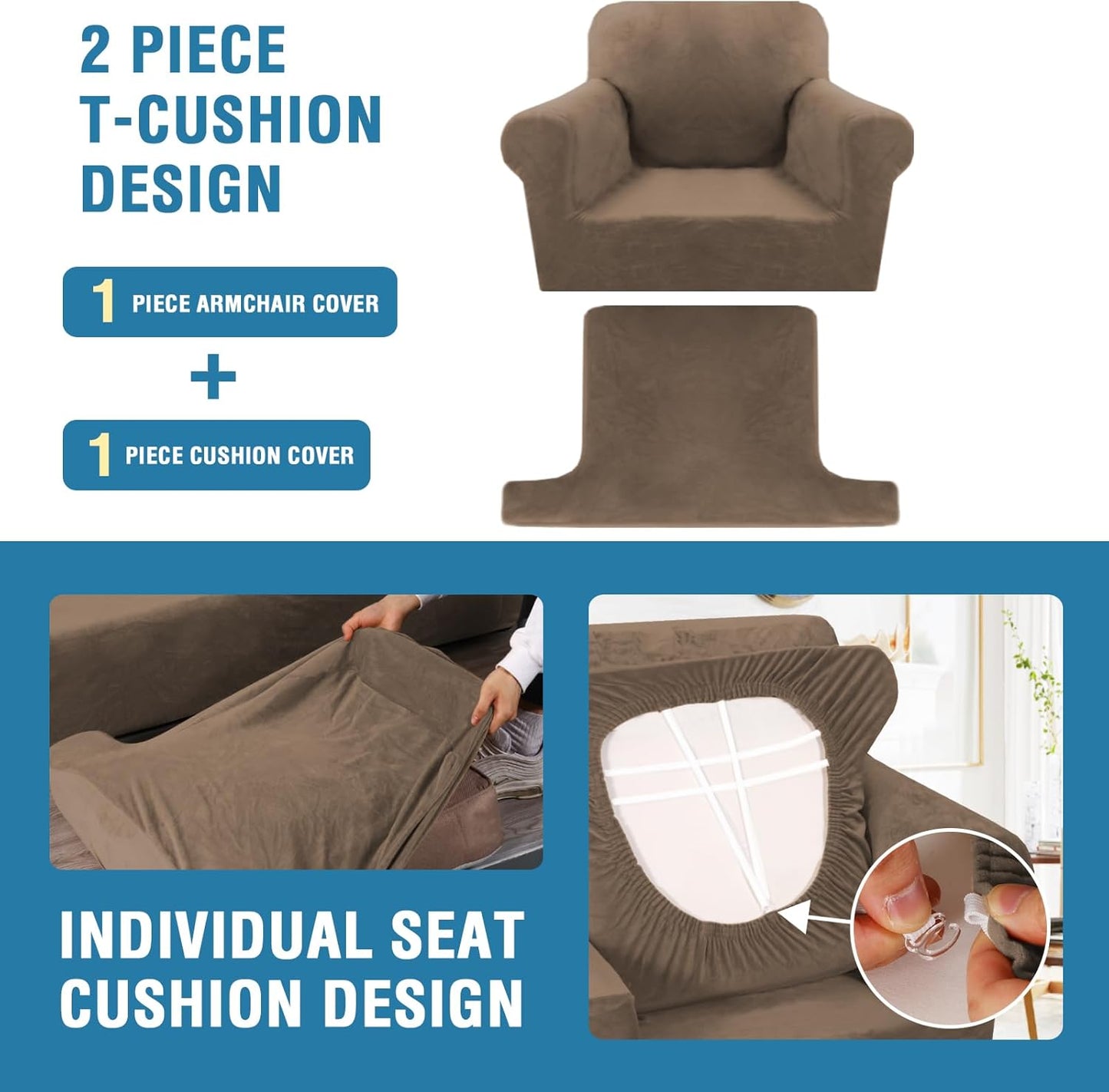 H.VERSAILTEX Sofa Cover 2 Piece T Cushion Armchair Slipcovers Thick Velvet Couch Cover Stretch T Cushion Sofa Covers for 1 Cushion Couch with 1 Individual T Cushion Covers, Mocha