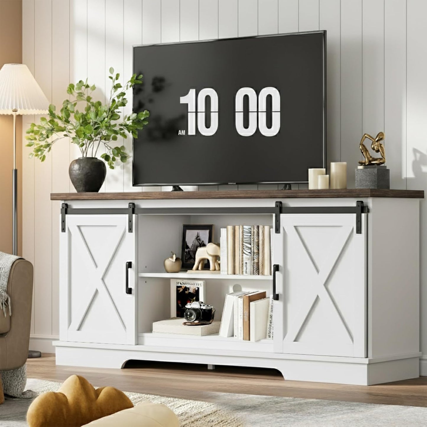 GarveeHome Farmhouse Tv Stand for 65 Inches TVs, Entertainment Center with Sliding Barn Doors and Adjustable Shelf, Modern Media TV Console TV Stand Table for Living Room, Bedroom, White