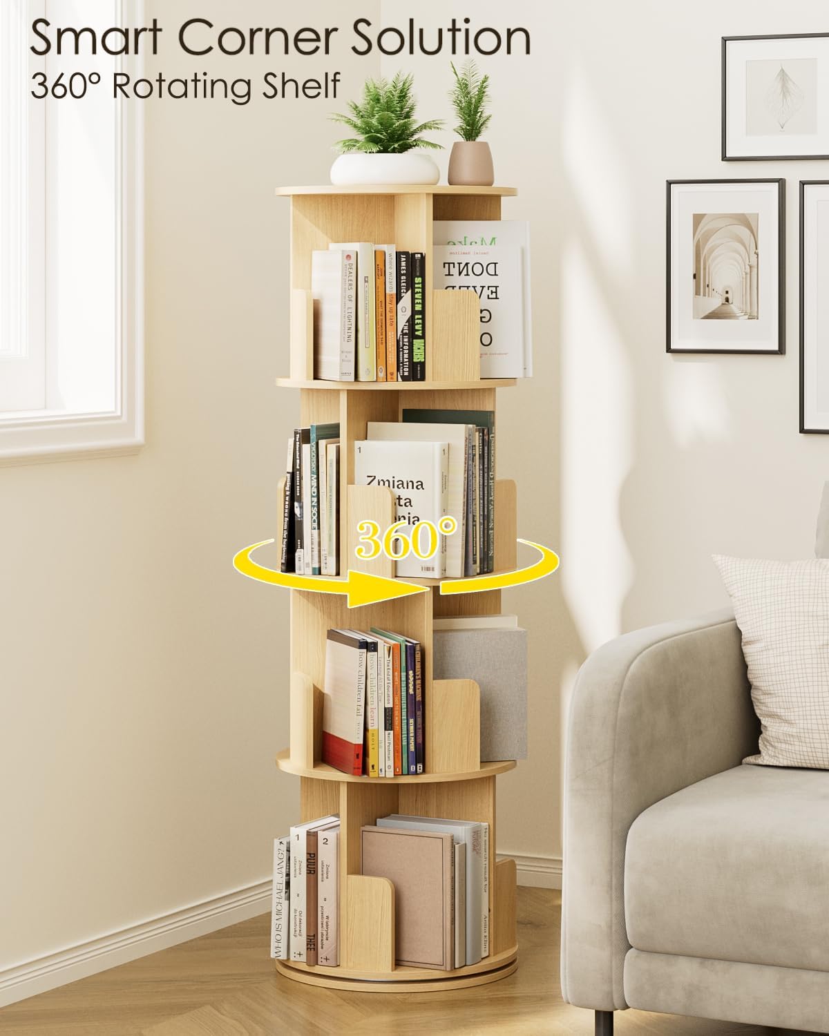 Masupu Rotating Bookshelf, Tall 4 Tier Rotating Spinning Bookshelf Tower, 360 Spinning Floor Standing Bookcase Storage Rack, Conner Rotating Book Shelf for Kids Rooms, Bedroom, Living Room